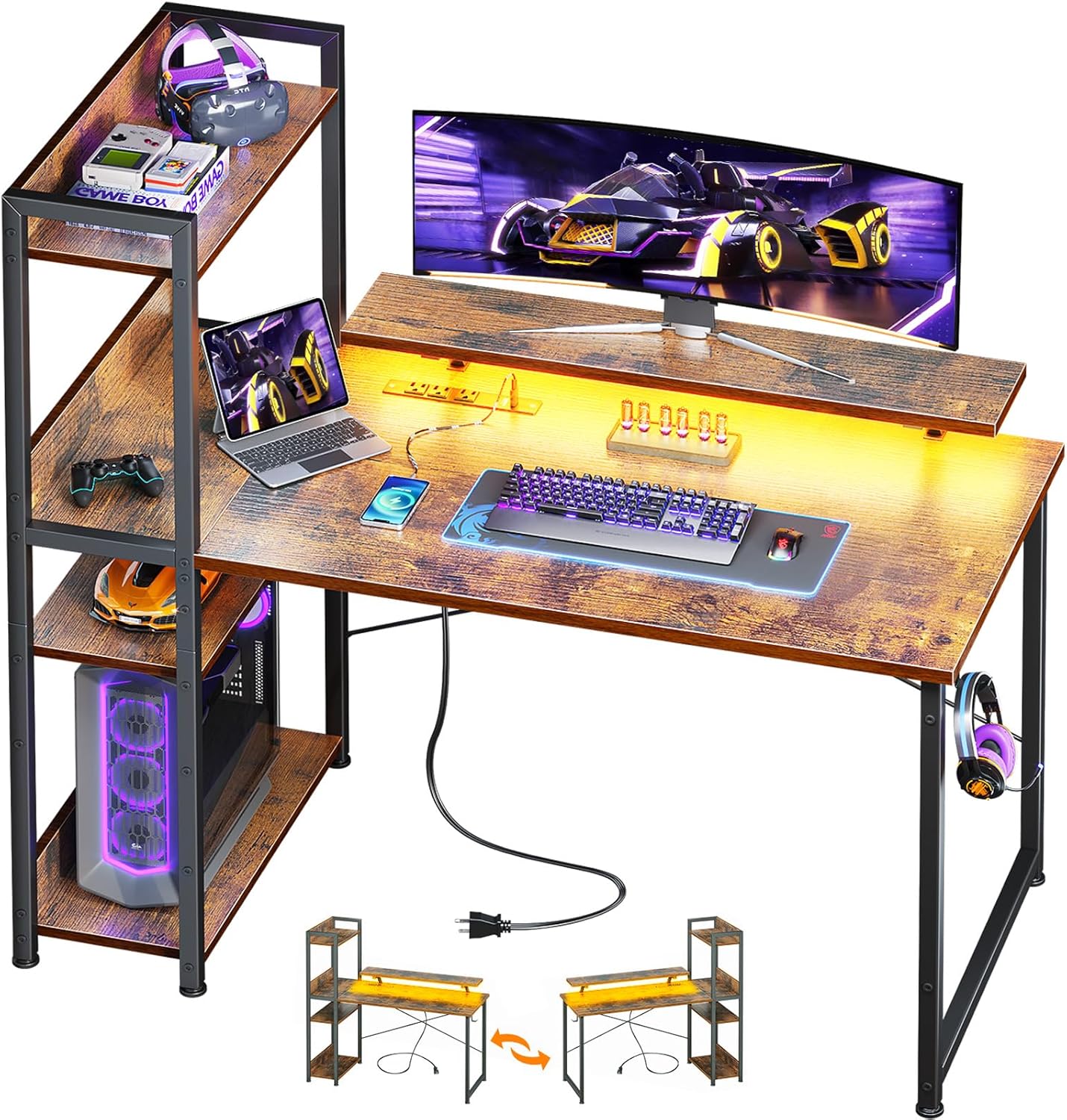 ODK Reversible Gaming Desk with USB Charging Port and LED Lights, 40 Inch Computer Desk with Storage Shelves & Monitor Stand, Writing Study Table for Home Office, Small Space Bedroom, Rustic Brown