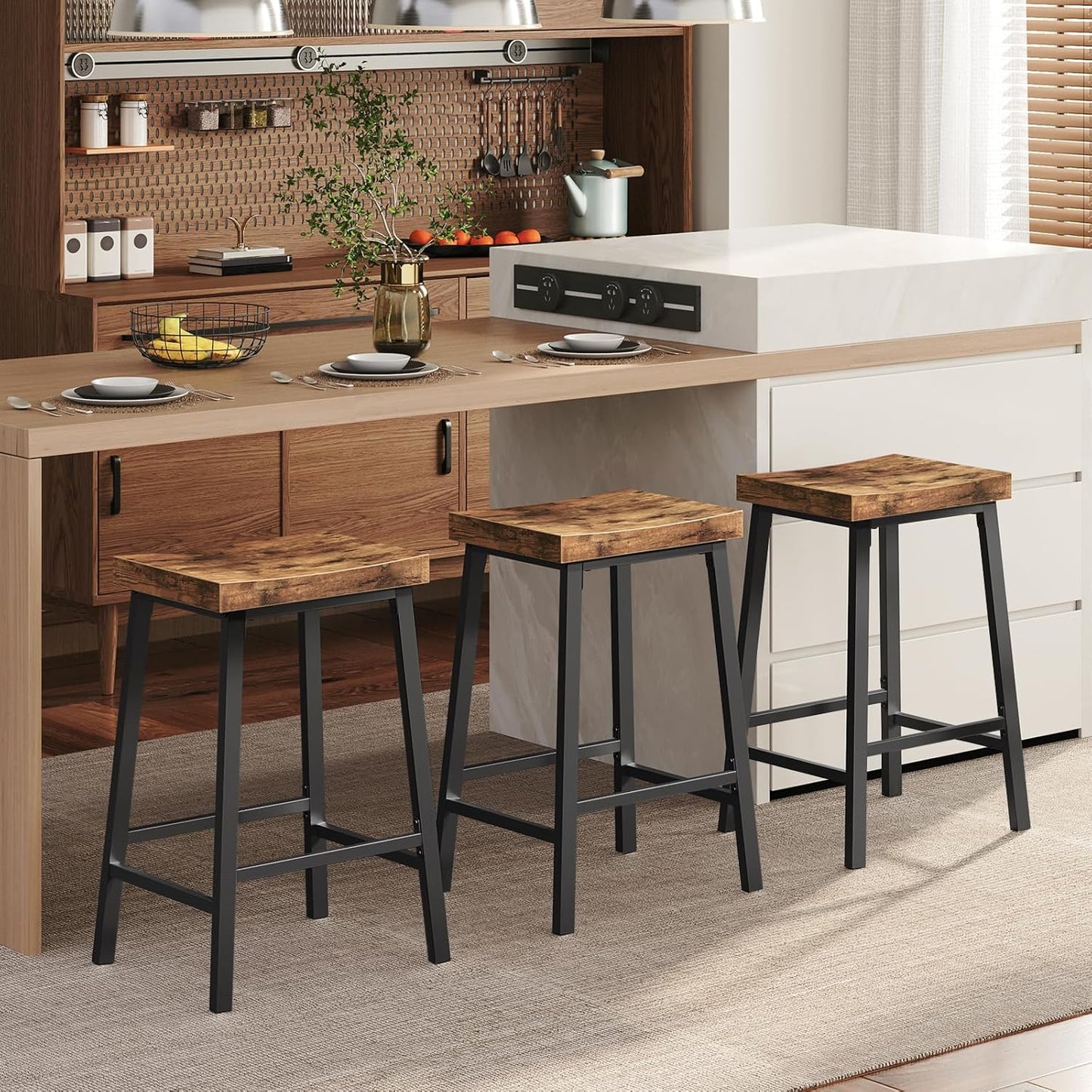 Bar Stools,Counter Height Bar Stools Set of 2, 23.7 Inch Saddle Stools with Footrest, Kitchen Stools, Industrial Style, for Dining Room, Counter, Bar, Rustic Brown and Black BAHR0801N1