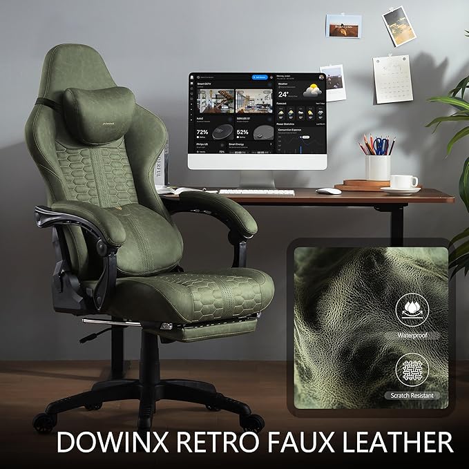 Dowinx Gaming Chair for Adults with Dual-Point Massage, Ergonomic Racing Style Game Chair Footrest, High Back Computer Chair 360° Swivel for Office,400LBS, Green