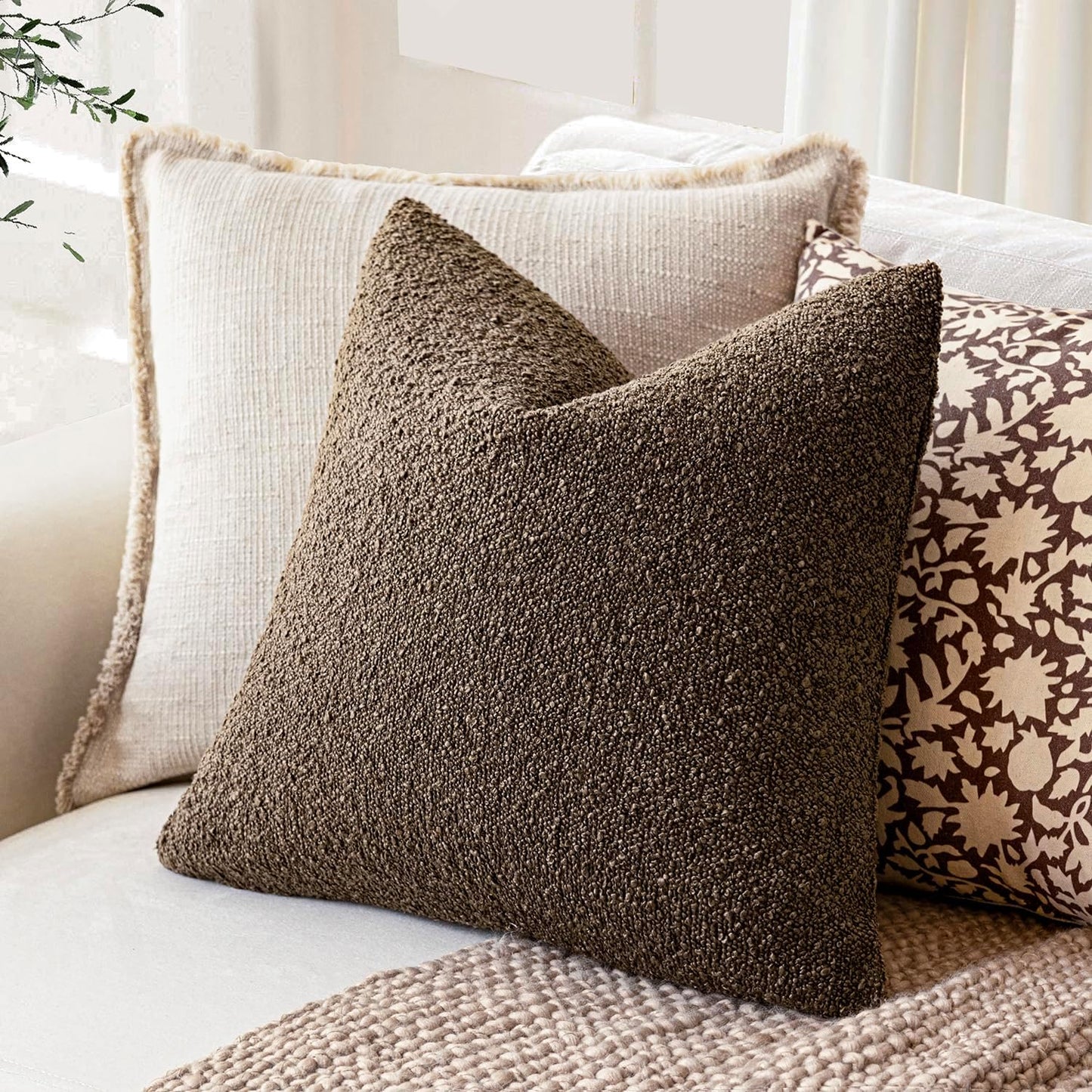 Foindtower Pack of 2 Textured Boucle Throw Pillow Covers Accent Solid Pillow Cases Cozy Soft Decorative Couch Cushion Case for Chair Sofa Bedroom Living Room Home Decor 18x18 Inch Light Brown
