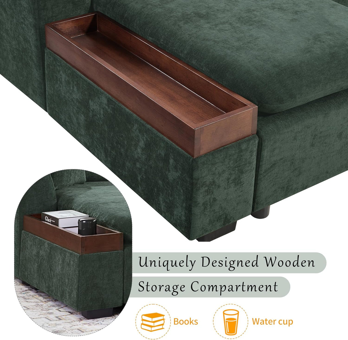 Merax 93.7" L-Shaped Sectional Sofa with Wooden Storage Compartment, Chenille Upholstered Deep Seating Sleeper Couch & Chaise Lounge and Throw Pillows for Living Room, Green