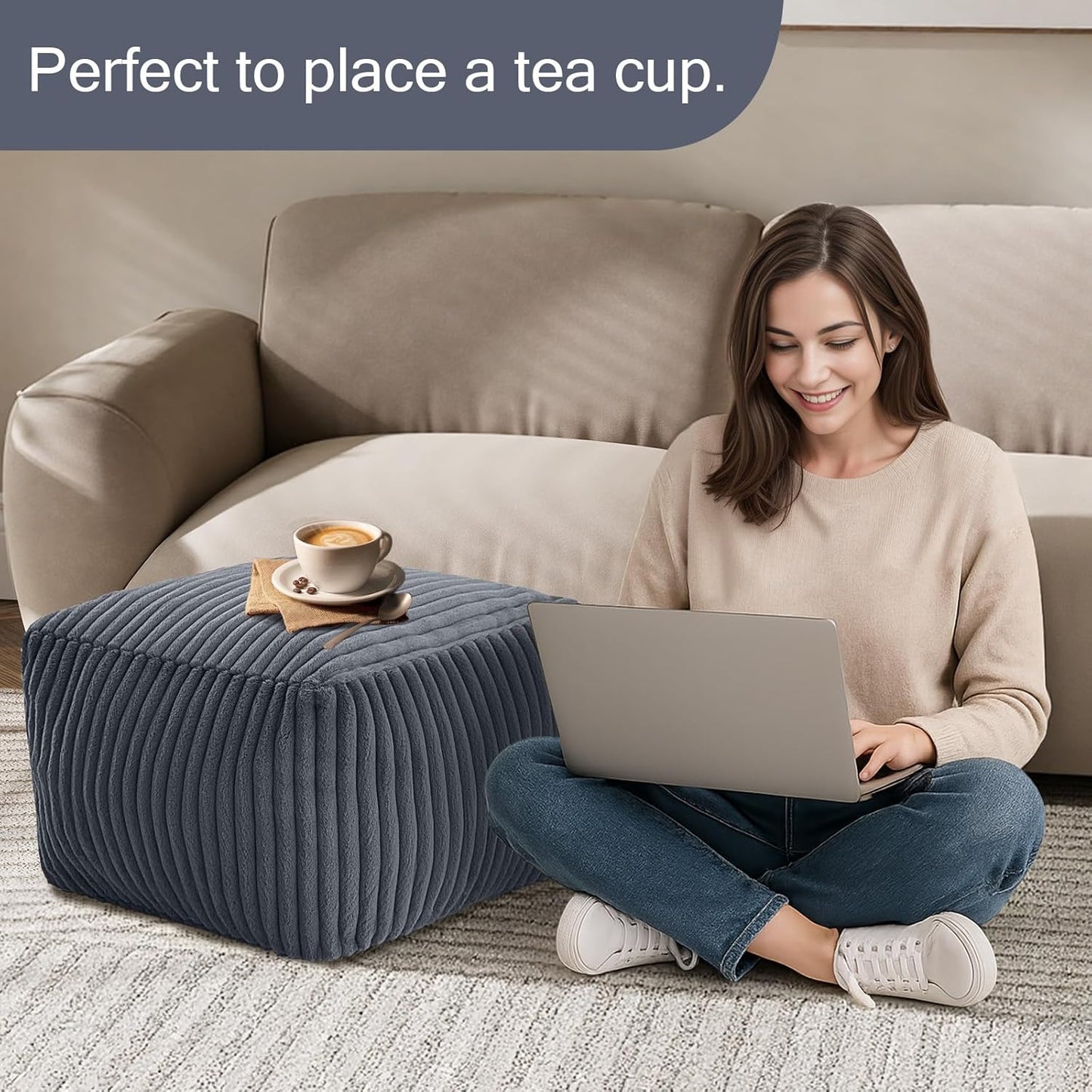 MeMoreCool Square Stuffed Pouf Ottoman Foot Rest, Stripe Furry Floor Pouf Foot Stool with Foam Chunk Filling, Soft Fluffy Stuffed Ottoman Footrest for Living Room, Faux Fur Grey