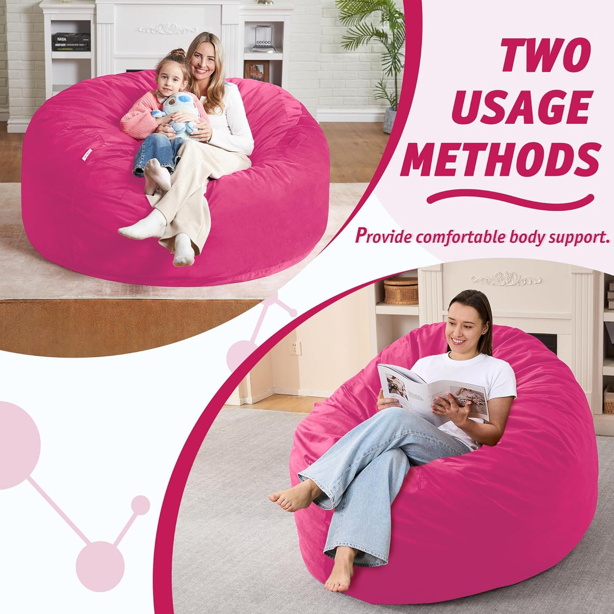 5FT Bean Bag Chair with Ultra Soft Velvet Cover Bean Bag Sofa with Memory Foam Bean Bag Chairs with Large Size Lazy Sofa for Dorm Office Living Room Bedroom Hot Pink 5'