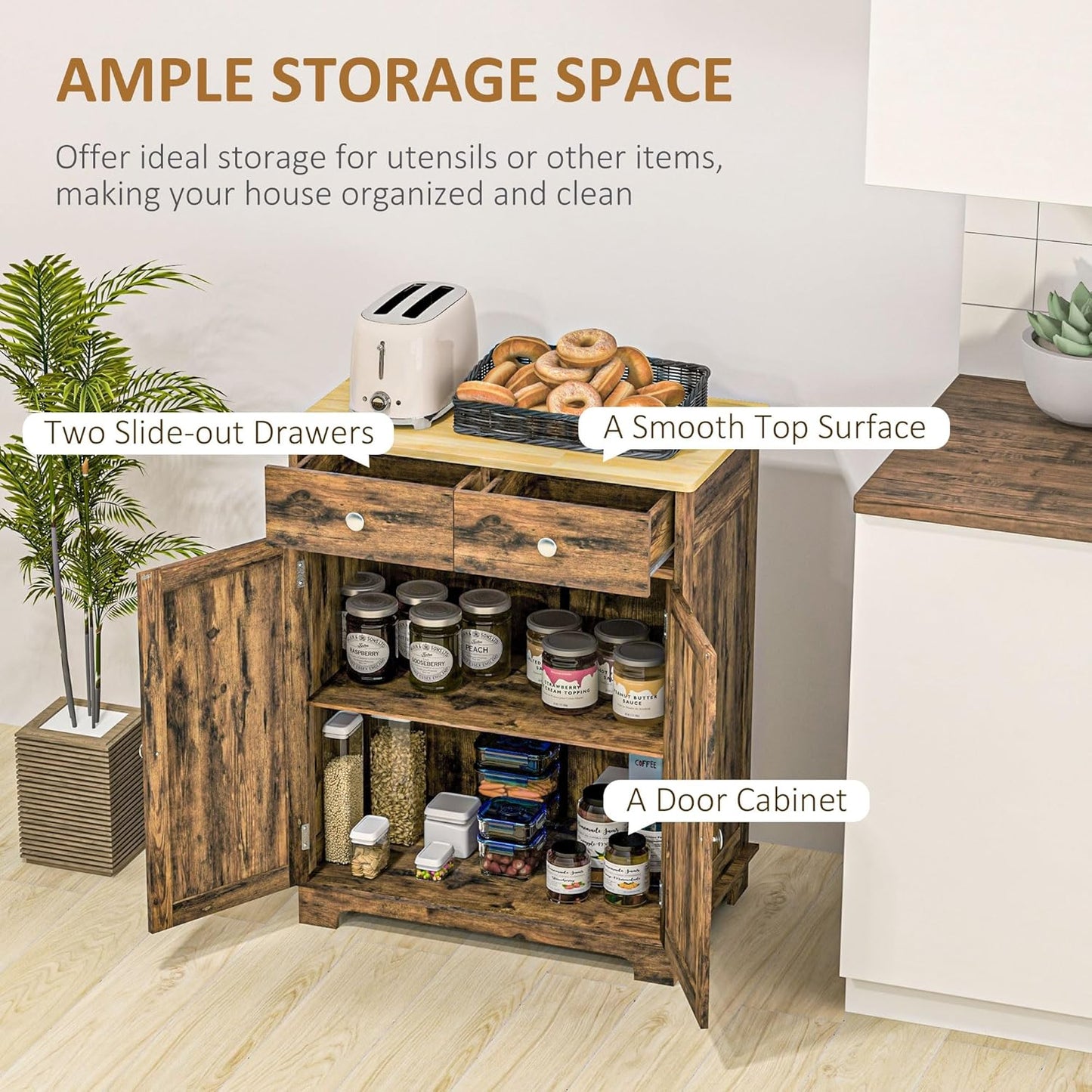 HOMCOM Sideboard with Solid Wood Countertop, Modern Kitchen Storage Cabinet, Coffee Bar Cabinet with 2 Drawers, Doors and Adjustable Shelf, Rustic Brown