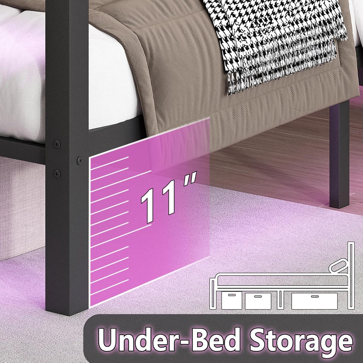 Queen Bed Frame with Headboard and Footboard,Steel Slats Support-LED Bed Frame with USB Charging Station,Mattress Foundation-Under Bed Storage,No Box Spring Needed,Noise Free,Black