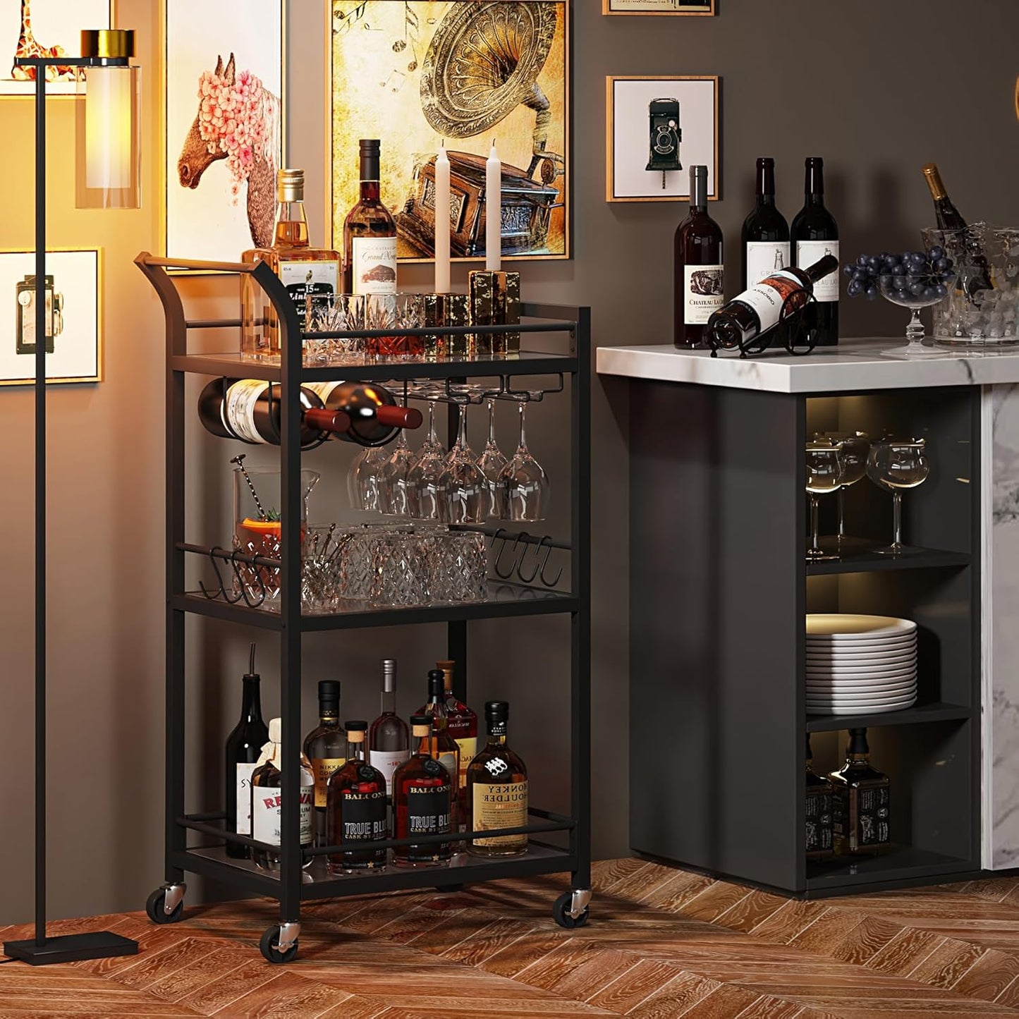TUTOTAK Bar Cart, Home Bar Serving Cart with 3-Tier Mirrored Shelf, Mobile Kitchen Shelf, Rolling Beverage Cart, Black BC01BK034