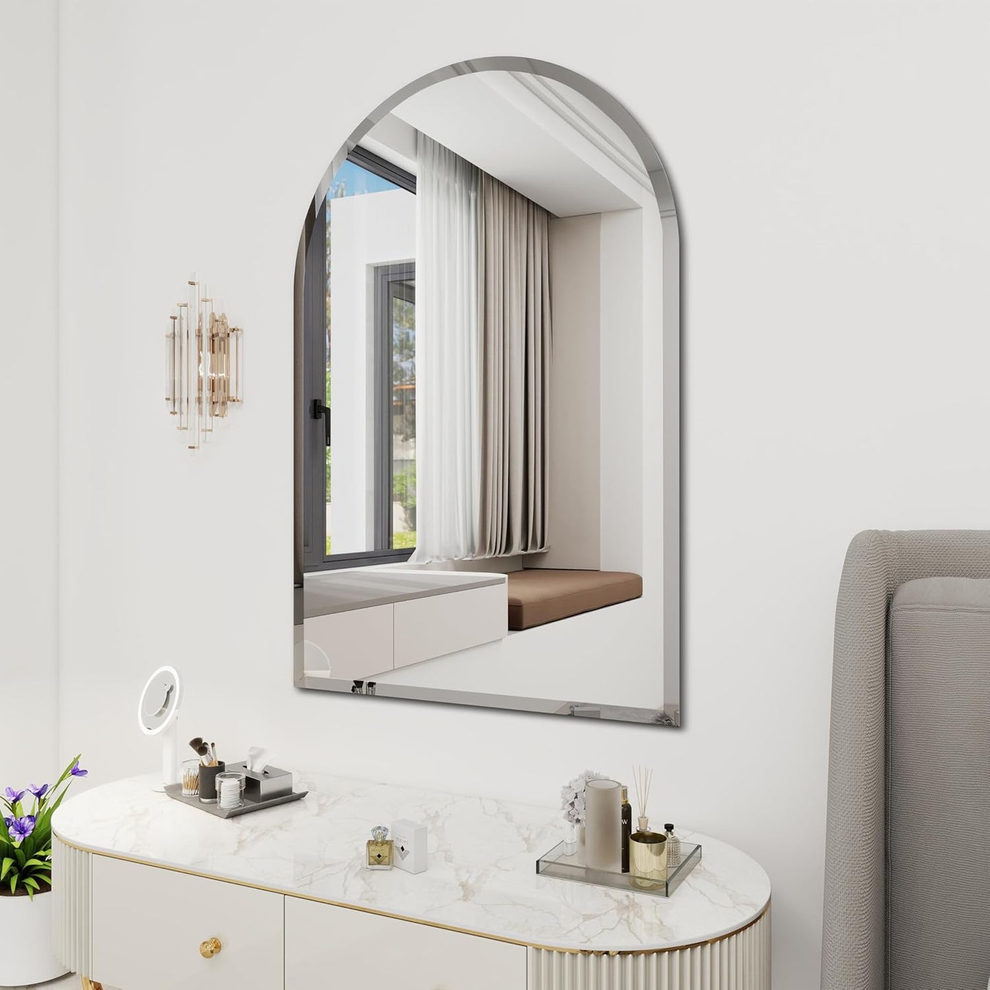 Arched Bathroom Mirror, 28X40 inch Arched Frameless Mirror, Arch Wall Mirror，Frameless Mirrors for Bathroom,Beveled Bathroom Mirror.
