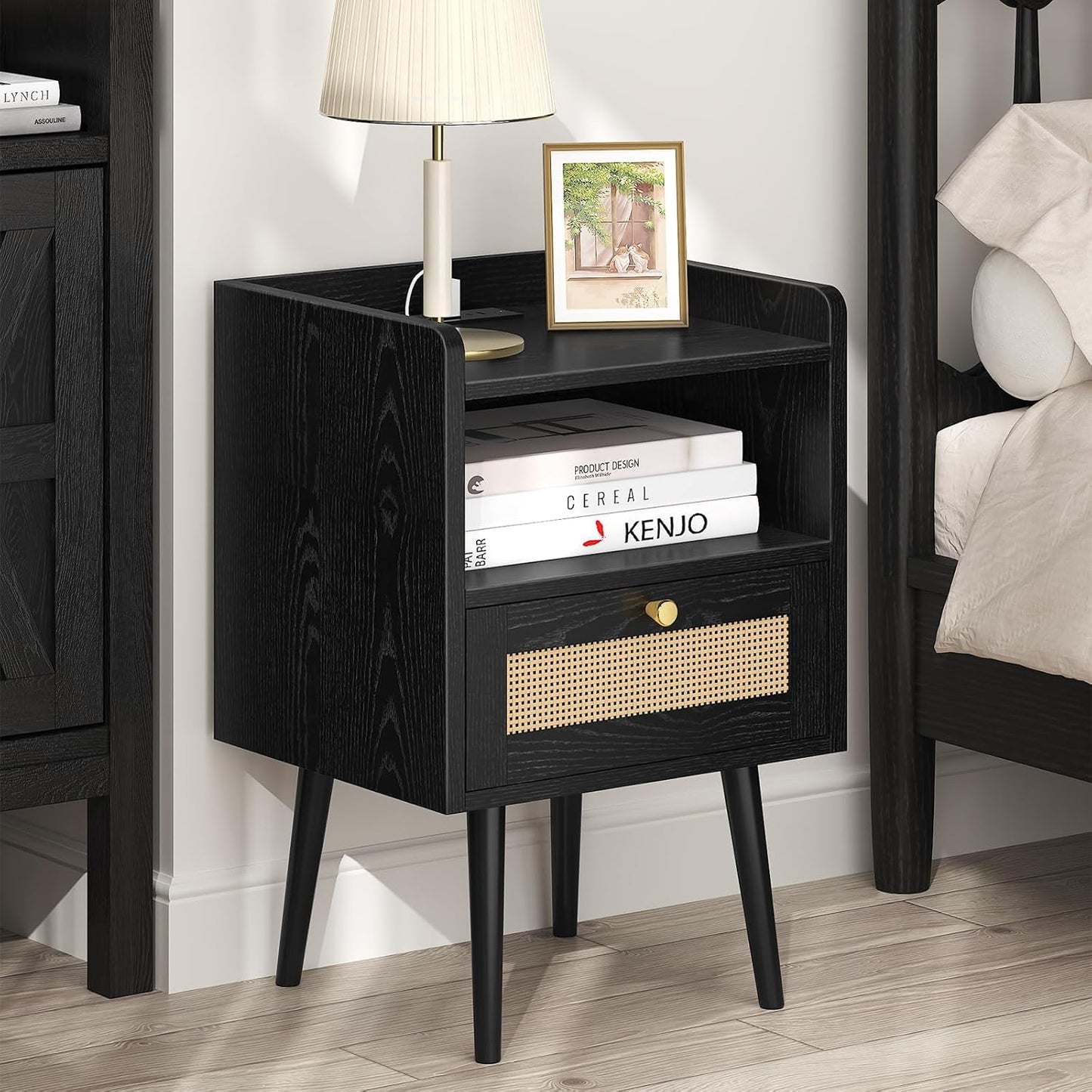 Nightstand Rattan with Charging Station, Mid Century Modern Bed Side Table, Boho End Table with Wood Legs, Bedside Tables for Bedroom Living Room (2, Black, 11.8" D x 15.9" W x 23.4" H (1 Drawers))