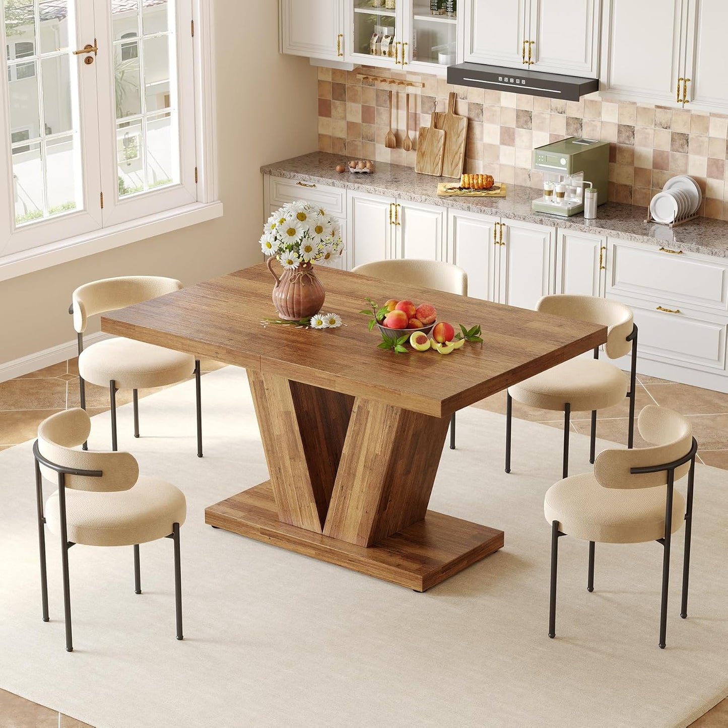 LITTLE TREE 47 Inches Dining Table for 4, Modern Dining Room Tables, Brown Rectangle Kitchen Table with V-Shaped Pedestal, Wooden Dinner Table for Dining Room, Living Room