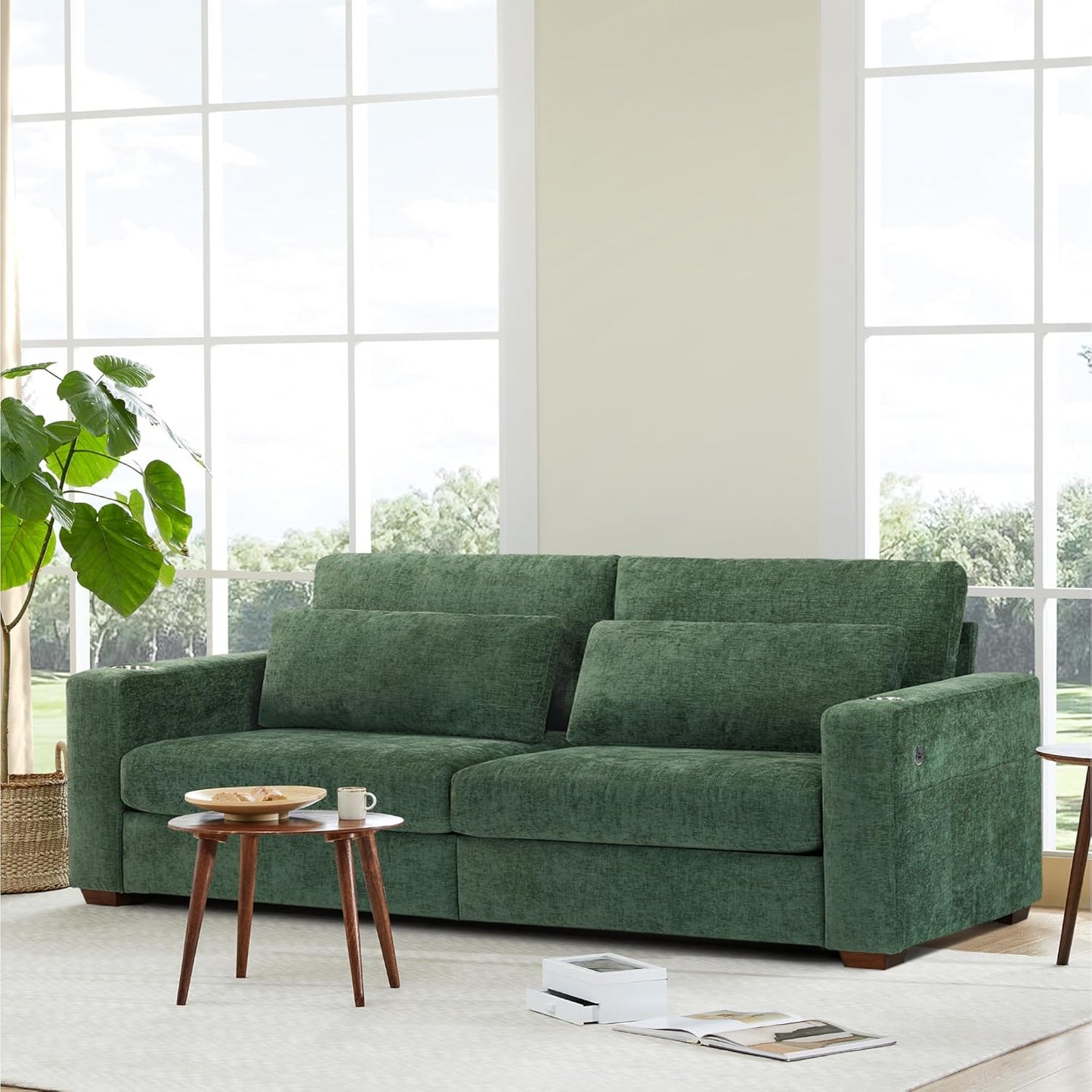 89" Sofa Couch for Living Room Chenille Upholstered Couch with Deep Seats and Wide Armrests 3 Seater Comfy Sofa with Cup Holders, USB & Type-C Ports, Spring Cushion, Solid Wood Frame Green