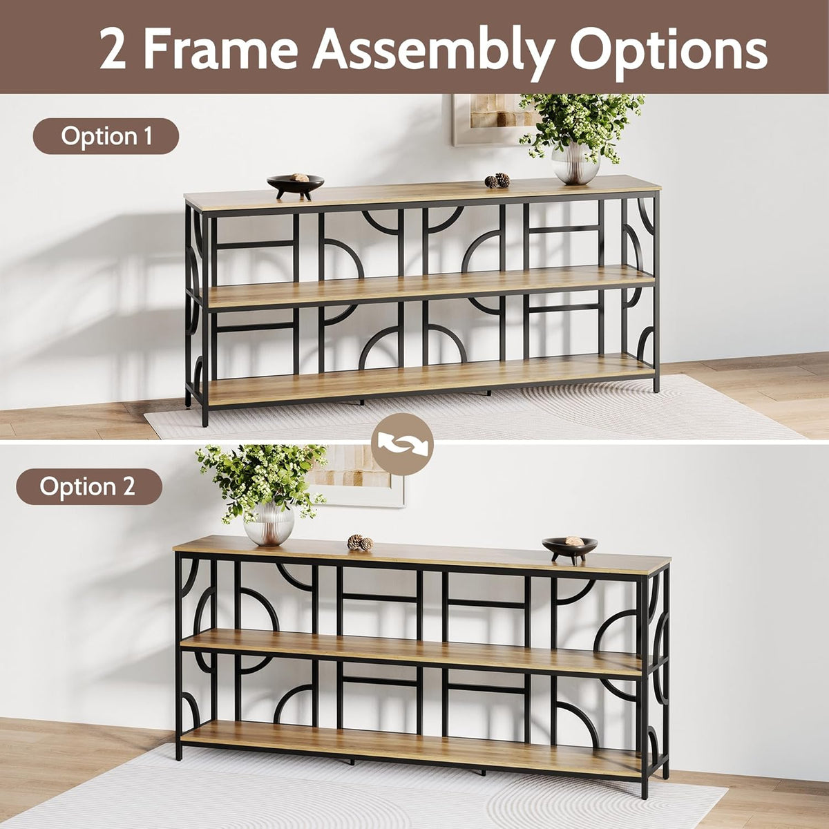 55'' Industrial Sofa Table, 3-Tier Storage Console Table with Unique Geometric Design, Behind Couch Accent Table for Entryway, Living Room, Foyer, Hallway, Office - Rustic Brown