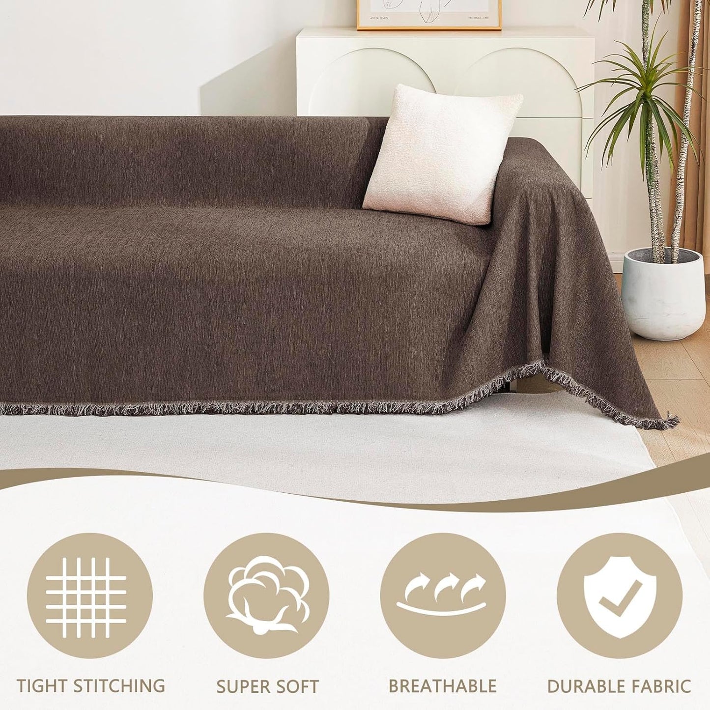 MYSKY HOME Loveseat Cover Deep Chocolate Couch Cover Sectional Couch Covers for 2 Cushion Couch Sofa Thick Universal Chenille Sofa Cover with Tassel Durable Furniture Protector for Dogs 91" x 118"