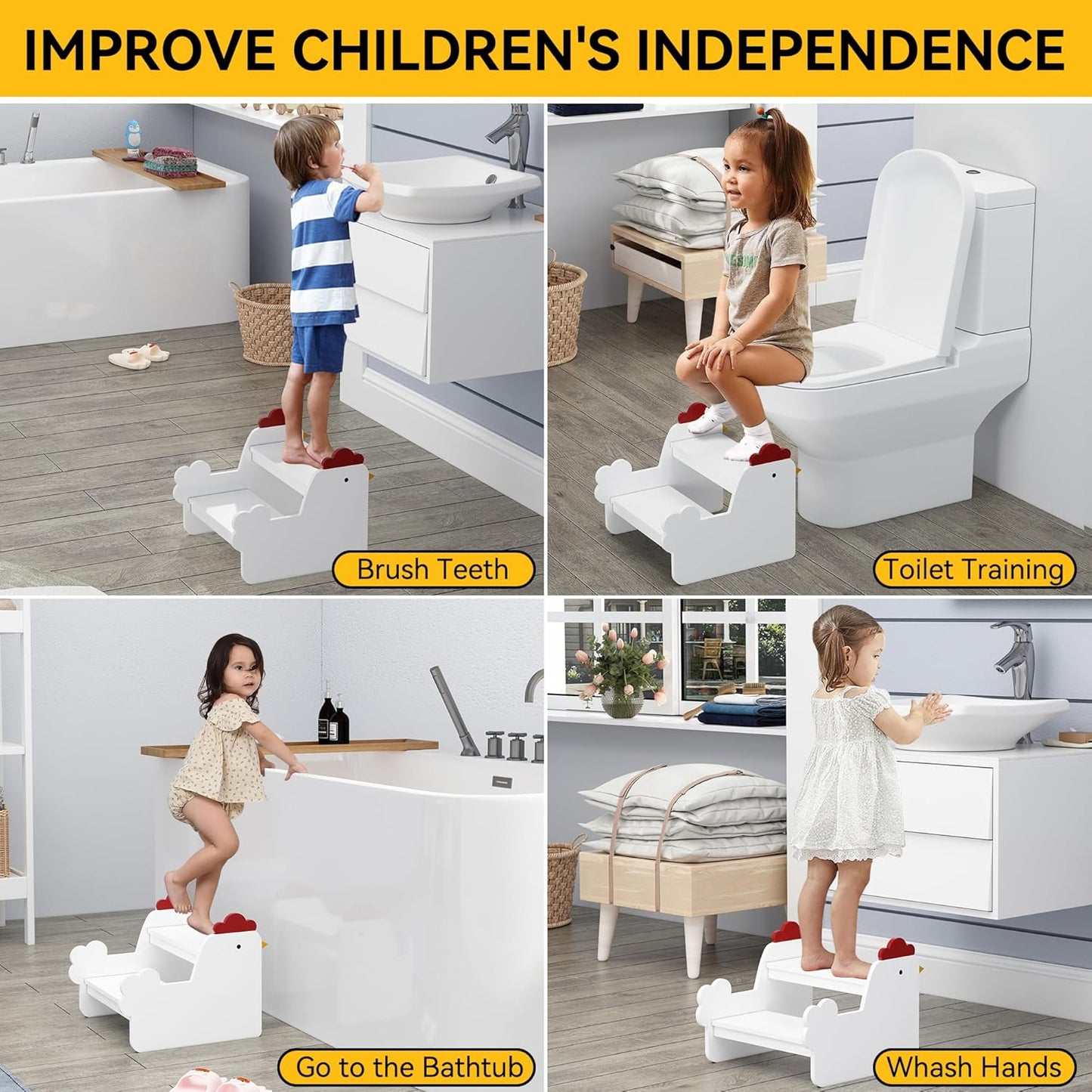 Wood Step Stools for Kids, Child Two Step Stool of Chick Shape, Toddler Step Stools Potty Training Stool, Easy to Move Safety for Kitchen, Bathroom, Bedroom, Toilet