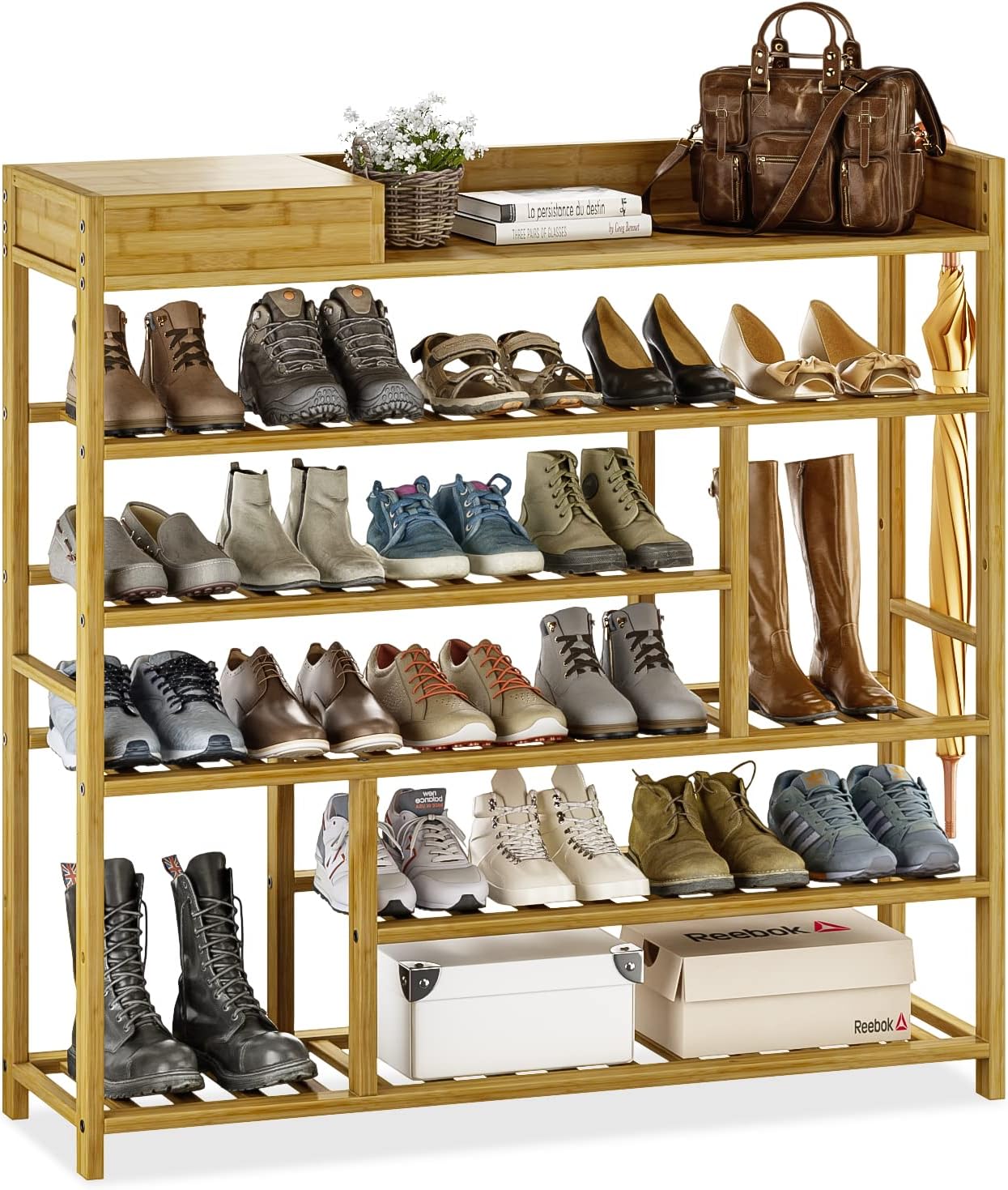 Bamworld Shoe Rack for Front Door Entrance Bamboo Shoe Organizer with Storage Box Free Standing Shoe Cabinet Shoe Storage Shelf for entryway, Closet and Doorway (Natural)