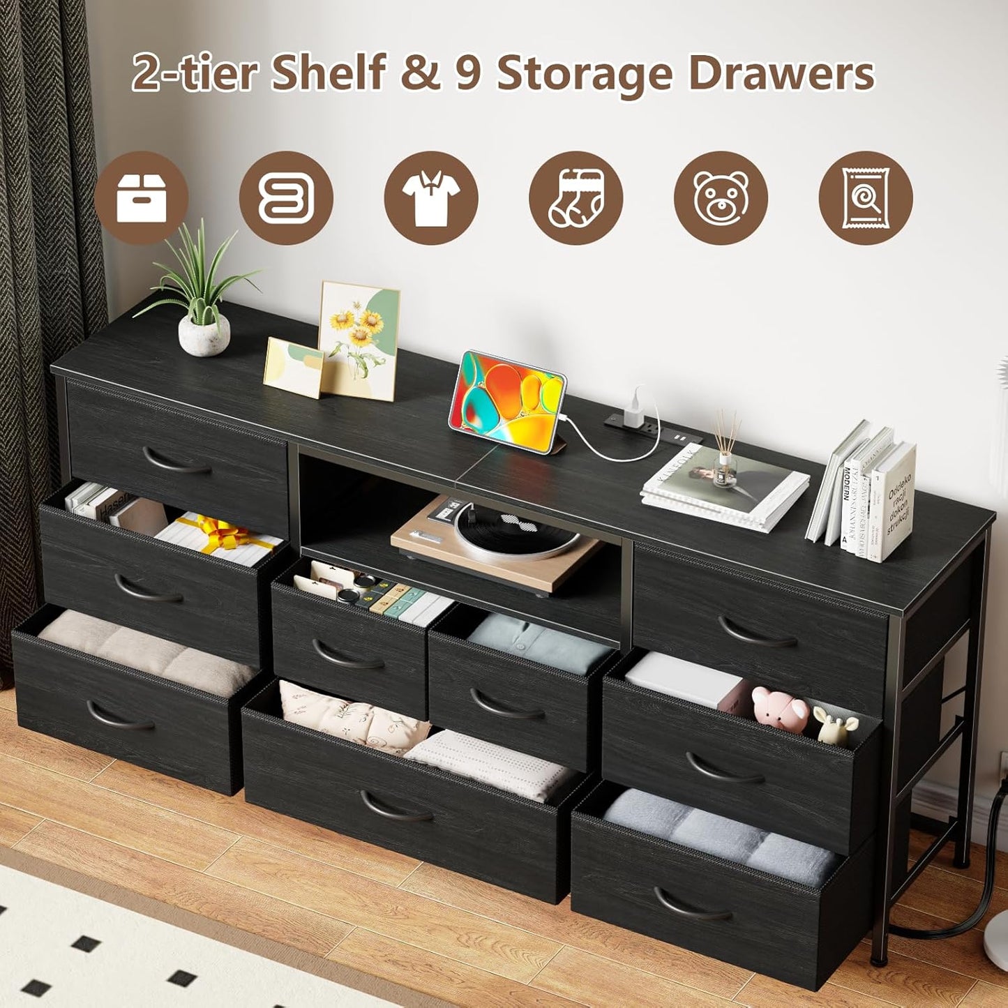 Furnulem 9 Drawer Dresser, 63” Long TV Stand for Bedroom, Entertainment Center with Power Outlet & LED Light for 65"-75" TV, Black Dresser with Fabric Storage Drawers for Closet