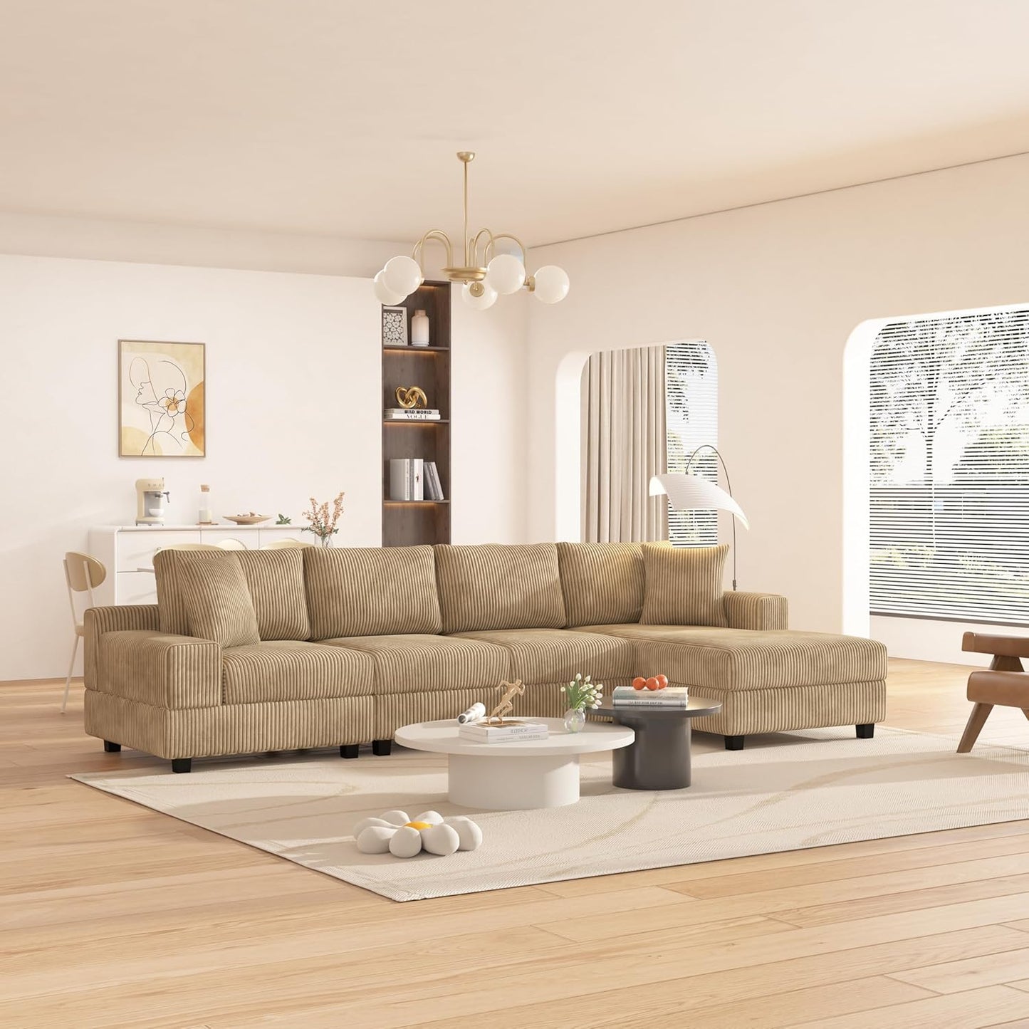 Eafurn 132.68" Oversized L Shaped Modular Sectional Sofa Couch with Reversible Chaise Lounge Daybed, Modern Corduroy Upholstered Corner Lounge Couch with Thick Cushions and Headrest