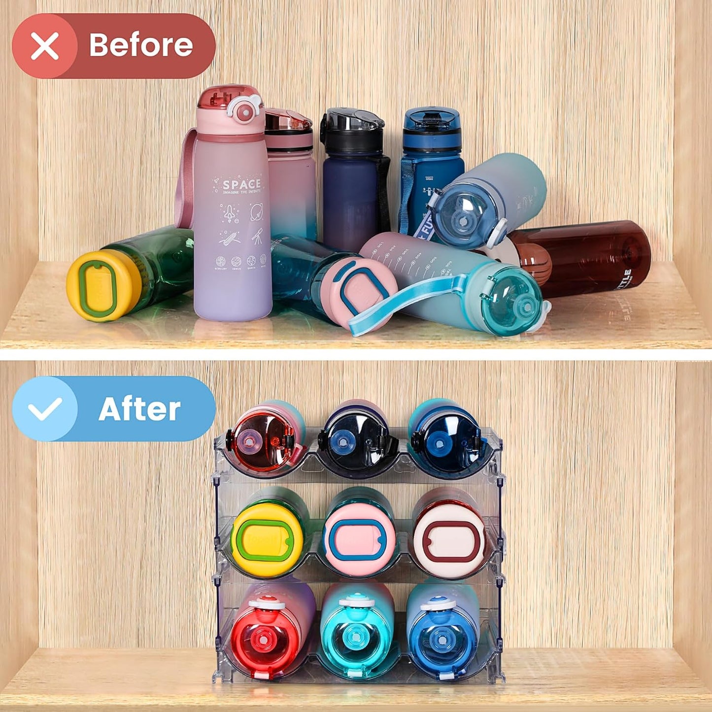 Water Bottle Organizer for Cabinet, 3 Pack Water Bottle Organization and Storage Shelf, Plastic Water Bottle Holder Rack for Fridge, Kitchen, Desktop