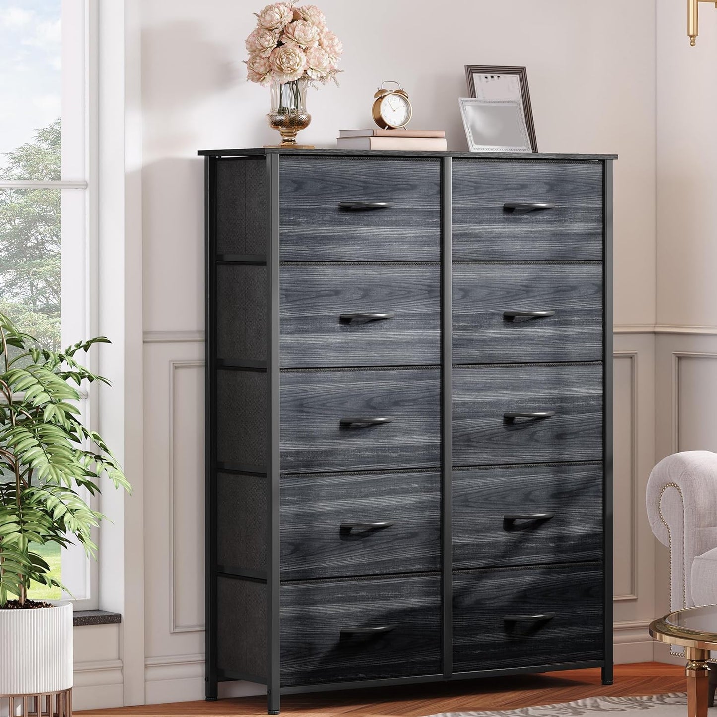 DWVO 10 Drawer Dresser - Fabric Storage Tower, Organizer Unit for Living Room, Hallway, Closets - Sturdy Steel Frame, Wooden Top & Easy Pull Fabric Bins