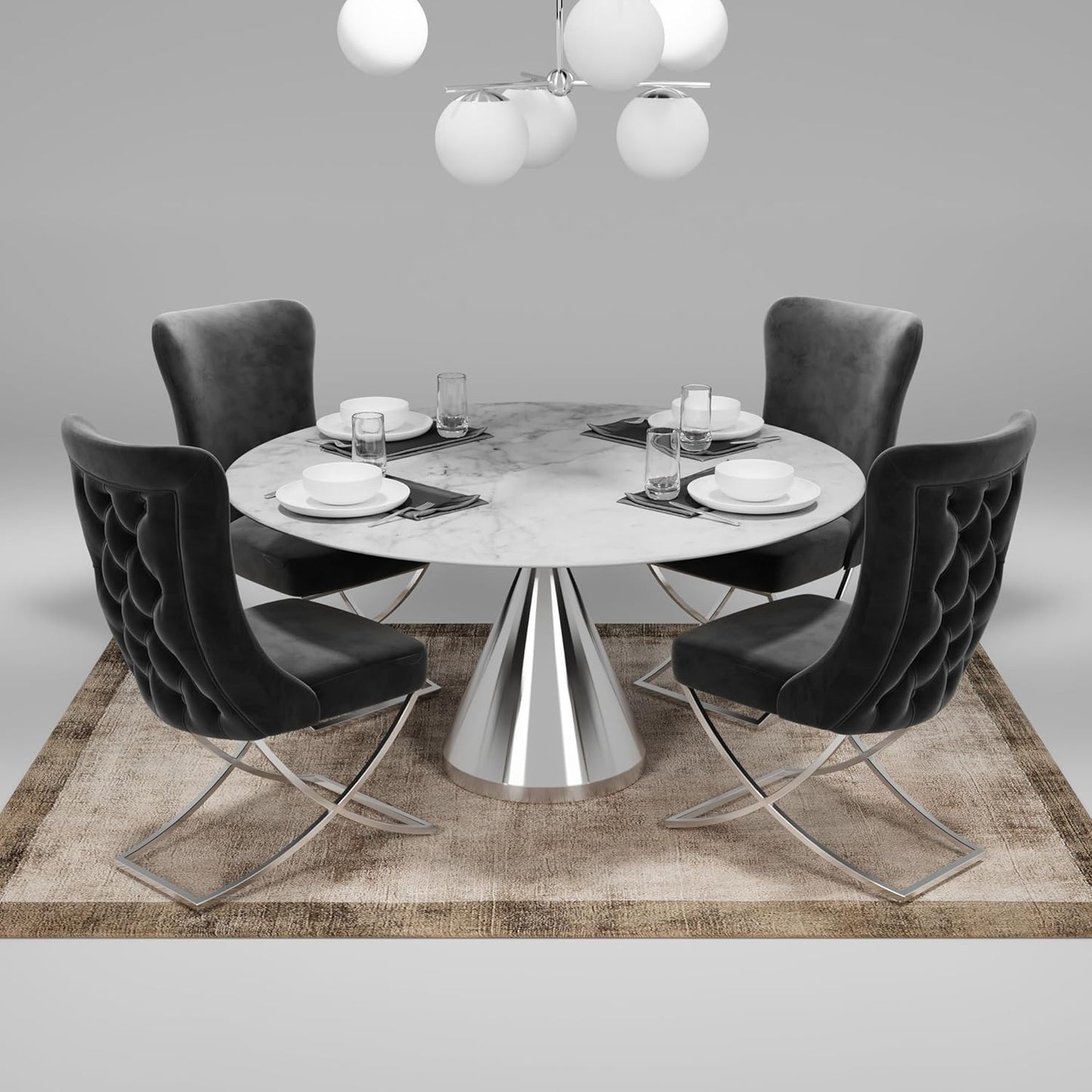 Ottomanson Royal Dining Chairs Set of 4 – Upholstered Tufted Microfiber, Assembled, Silver Metal Legs, Beech Wood Frame, 350 lb Capacity, Gray