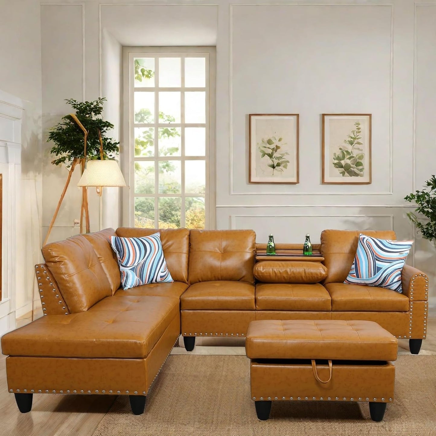 L Shaped Sectional Couch with Otttoman, 97" Leather Sectional Sofa for Living Room Modular Couches with Cup Holders for Bedroom, Apartments, Ginger