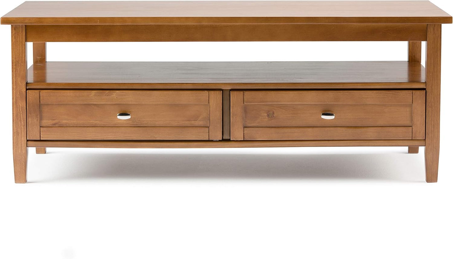 SIMPLIHOME Warm Shaker Coffee Table - 48 inch Wide Solid Wood Cocktail Table in Light Golden Brown, Transitional Living Room Table with 2 Storage Drawers and Open Shelf for Sitting Area or Lounge