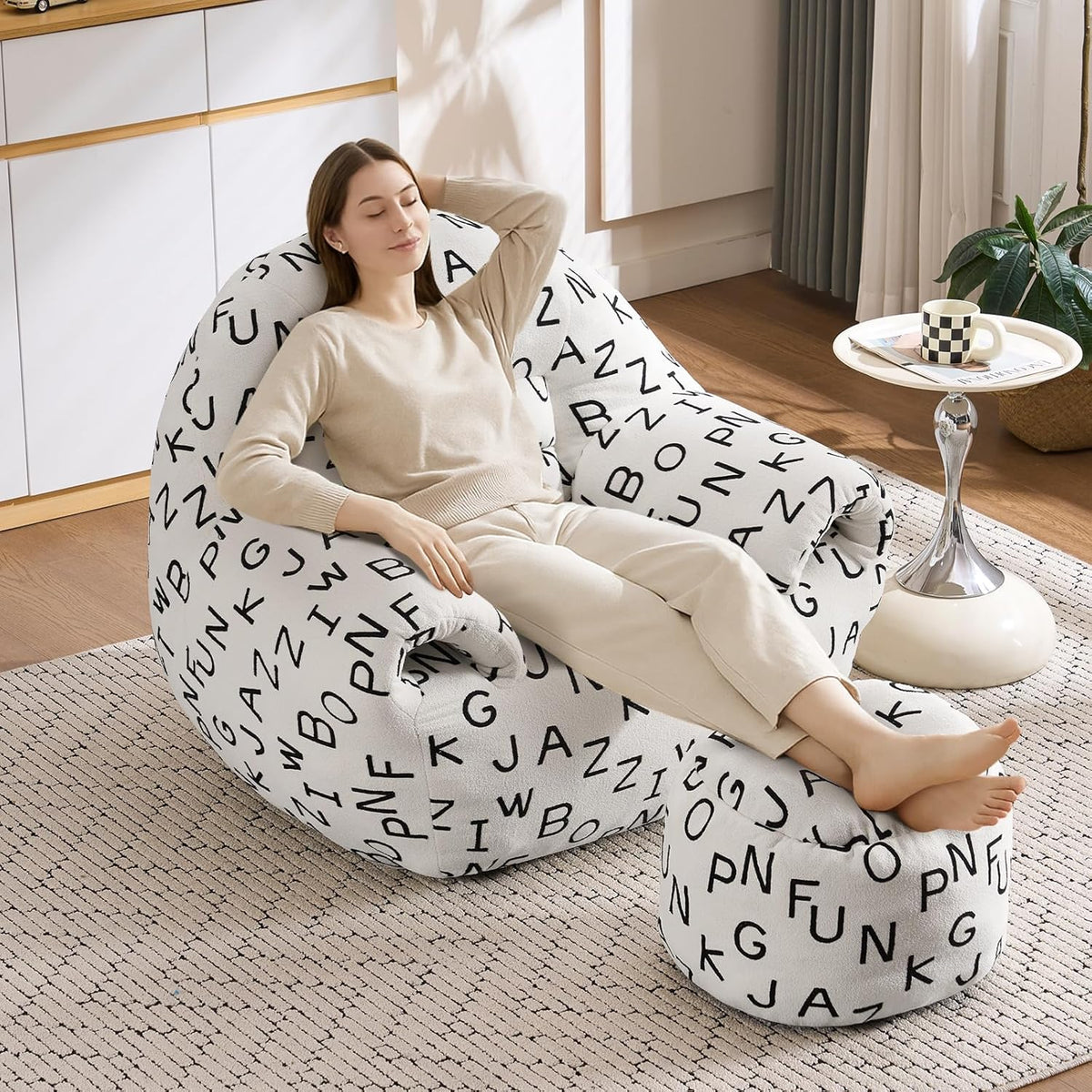 DAICO Bean Bag Chairs for Adults Comfy Accent Chair with Ottoman Floor Sofa Beanbag Couch with Armrests White Single Lazy Sofas with Foam for Living Room Reading Bedroom Gaming (Letter Pattern)