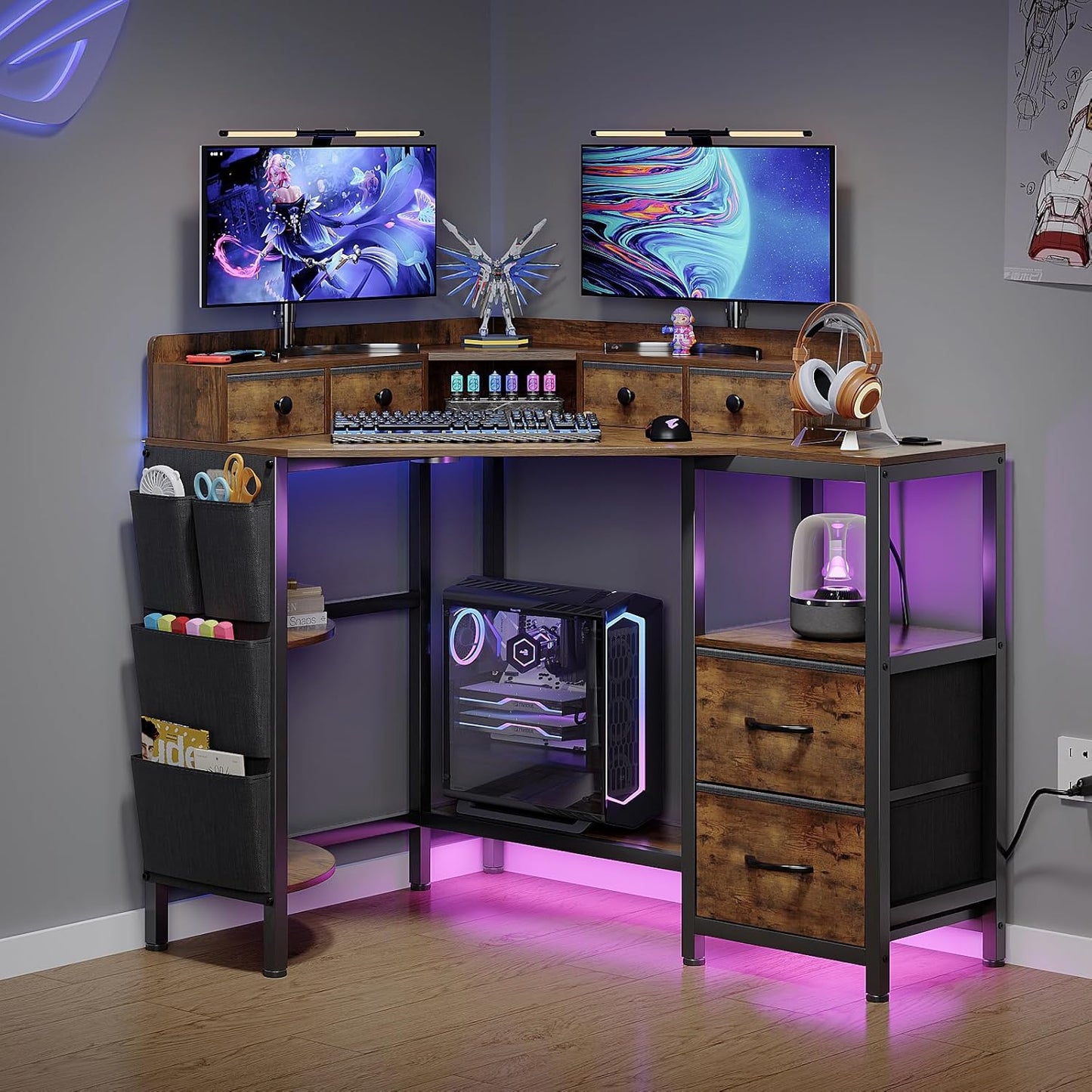 Corner Desk with 6 Fabric Drawers Shelves for Small Space Computer Desk with Power Outlets,Gaming Desk with Printer Monitor Stand Storage for Home Office Workstation Writing Table Brown