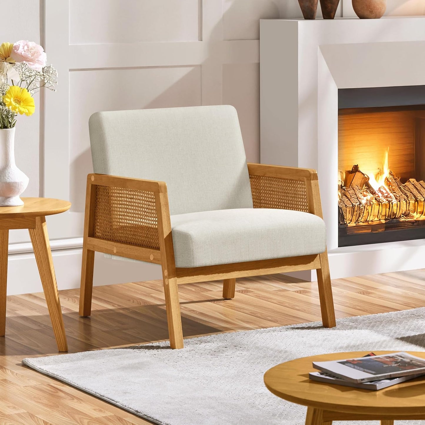 Yaheetech Beige Accent Chair, Armchair with Wood Legs, Mid Century Living Room Chair, Linen Fabric Lounge Chair for Bedroom Reading Room, Beige