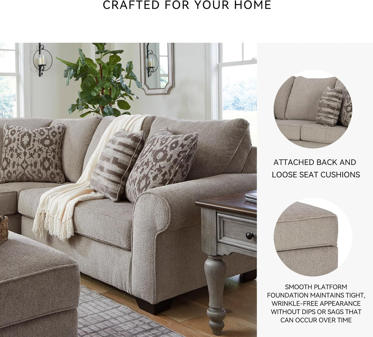 Signature Design by Ashley Claireah Casual L-Shaped 3-Piece Sectional with Loose Seat Cushions and 5 Accent Pillows, Beige