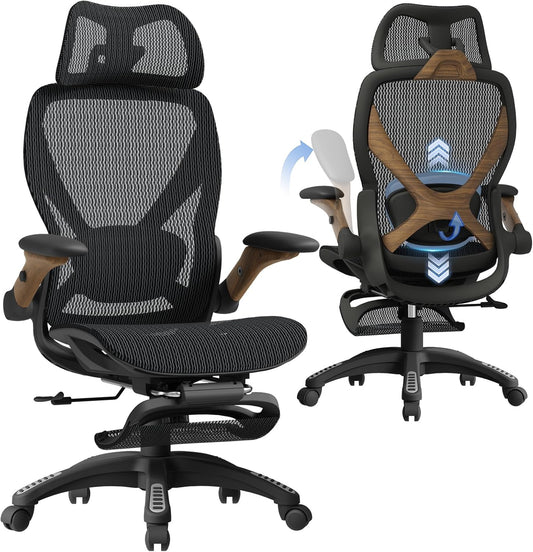 ELABEST X100 Ergonomic Office Chair with Footrest, Big and Tall Home Desk Chair with 5D Flip-Up Arms, Adjustable 3D Lumbar Support,High Back Rolling Computer Chair, Swivel Mesh Chairs (Library Oak)