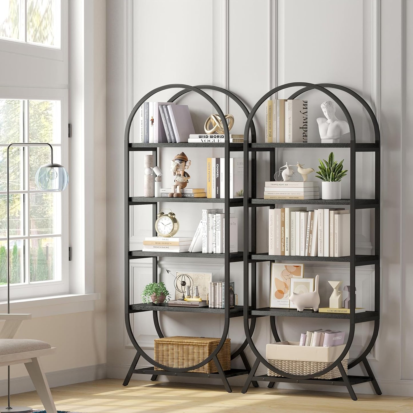 Bookshelf Arched Bookcase, Industrial 5 Tier Open Book Shelves with Metal Frame, 72" Tall Freestanding Display Rack for Home Office, Living Room, Black