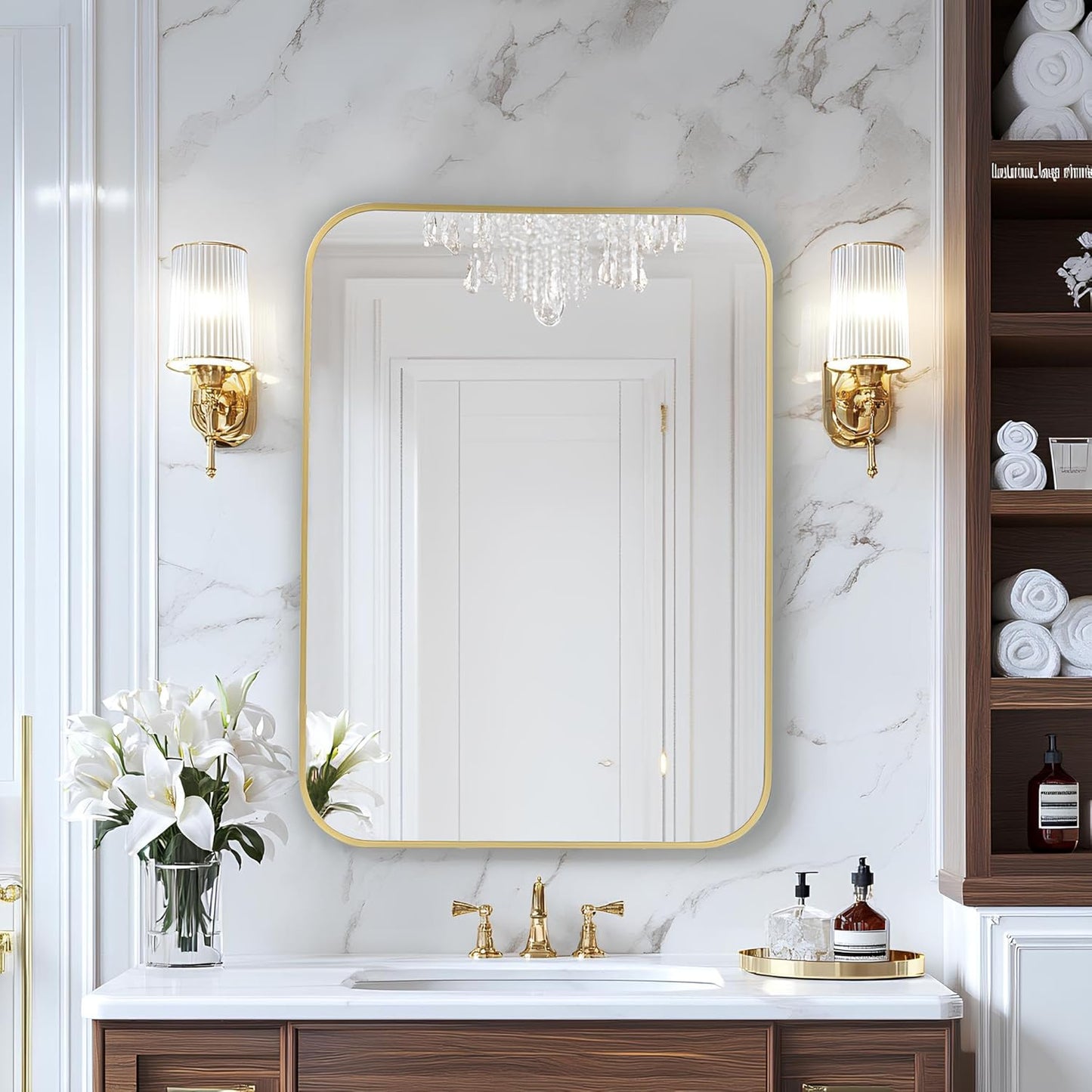 MZON 24x36 Inch Gold Bathroom Mirror – Brushed Gold Rectangular Vanity Mirror, Wall-Mounted, Anti-Rust Metal Frame, Tempered Glass, Vertical & Horizontal Hanging