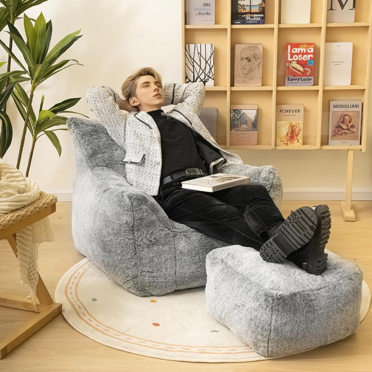 Bean Bag Chair with Ottoman, Armrest Bean Bag Chairs with Filler, Ultra Soft Fluffy Faux Fur Bean Bag Chair with Foot Rest, Plush Lazy Sofa with Foot Stool for Living Room, Dorm