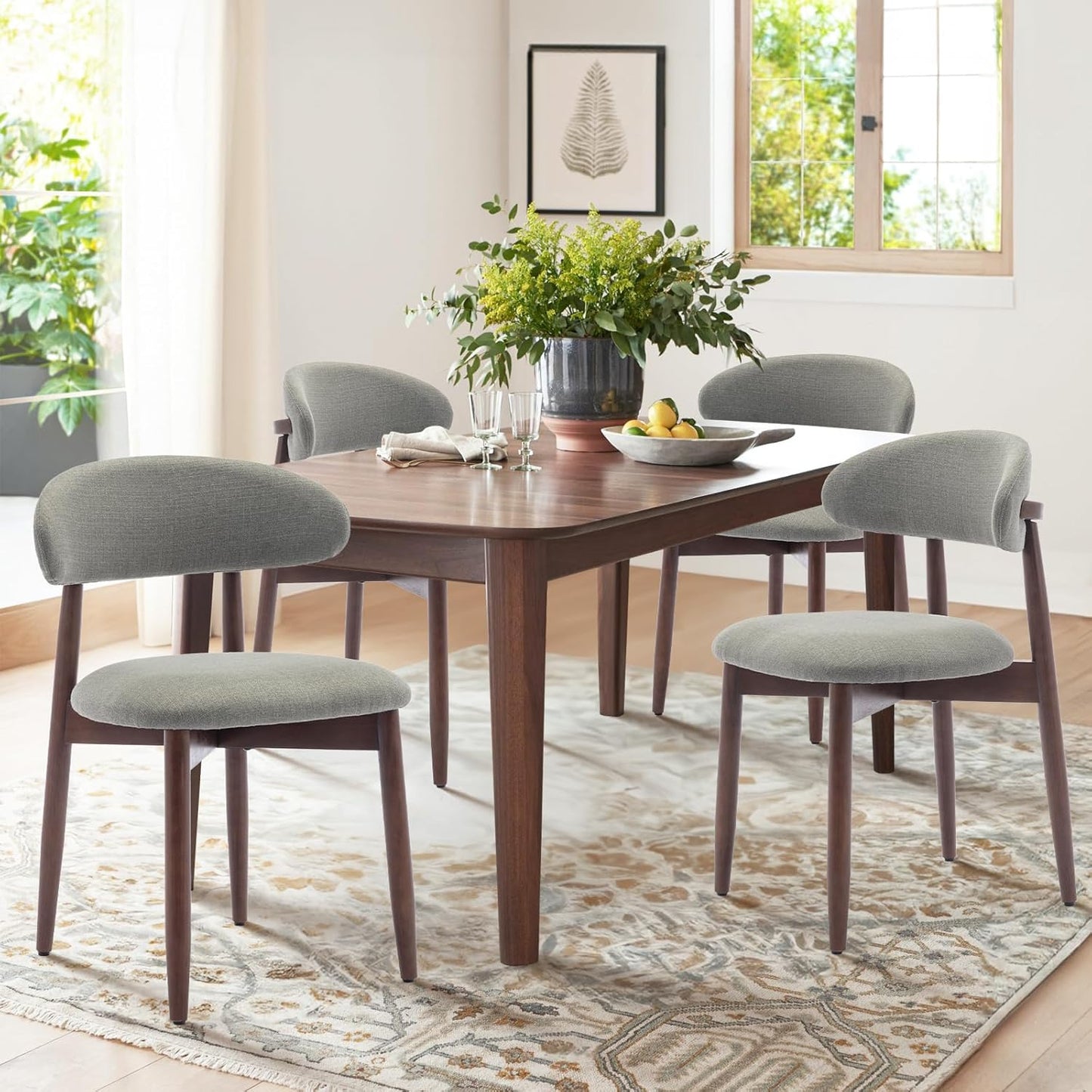 COLAMY Wooden Dining Chairs Set of 4, Modern Fabric Upholstered Dining Room Chair, Farmhouse Kitchen Chairs with Foot Pegs, Green