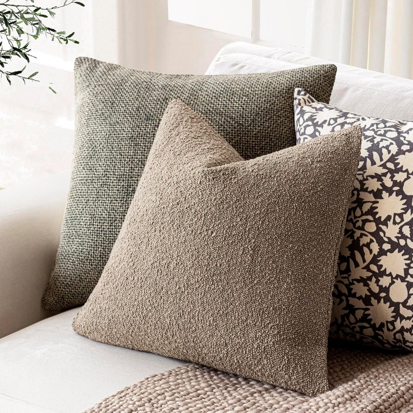 Foindtower Set of 2, Decorative Textured Boucle Throw Pillow Covers Accent Solid Pillow Cases Neutral Cozy Couch Cushion Case for Chair Sofa Bedroom Living Room Home Decor 24x24 Inch Light Khaki Tan