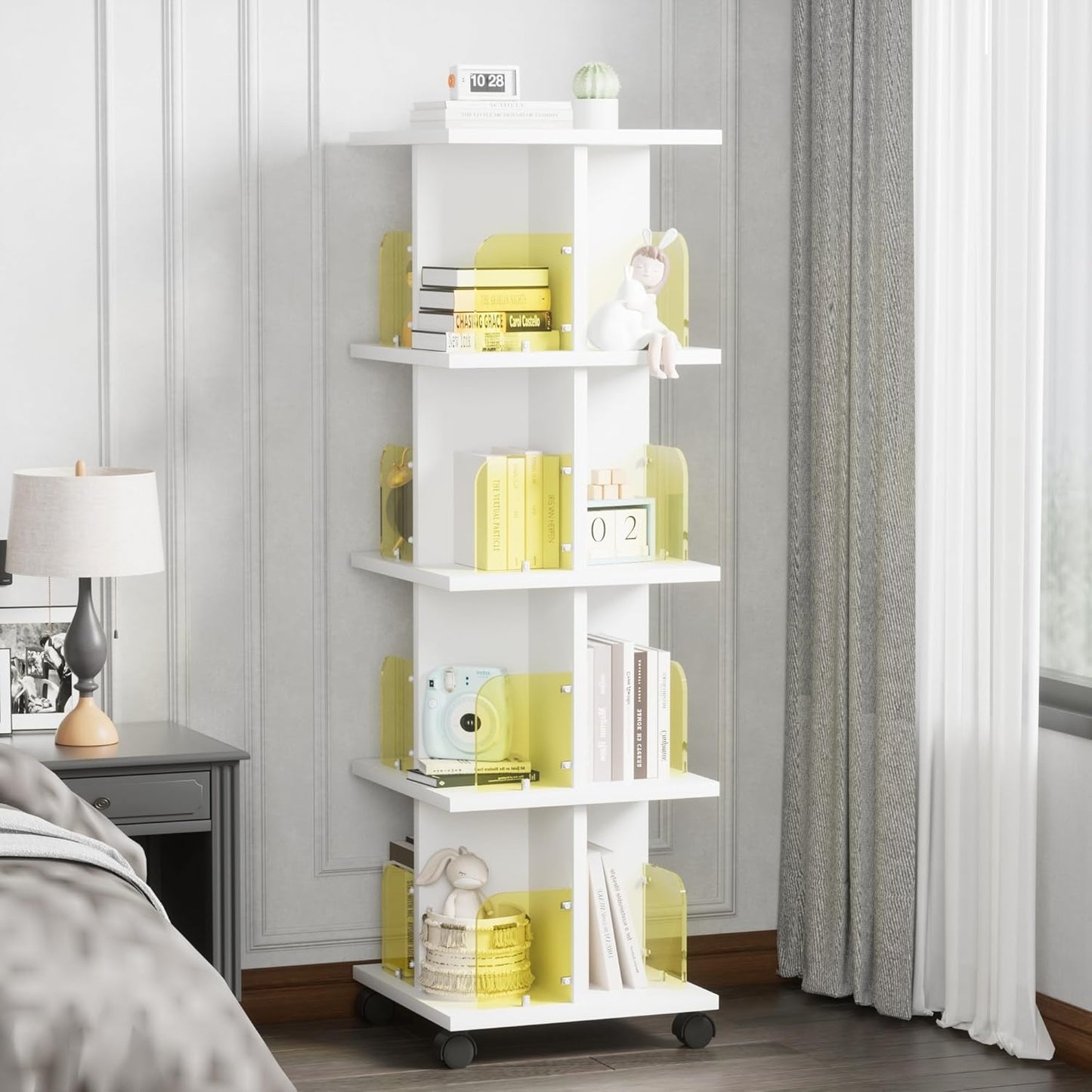 VECELO 4-Tier Rotating Bookshelf, Modern Swivel Bookcase for 360°Display,Stackable Square Book Shelves Floor-Standing Storage for Home Office, Solid Wood, Smooth Spinning, White
