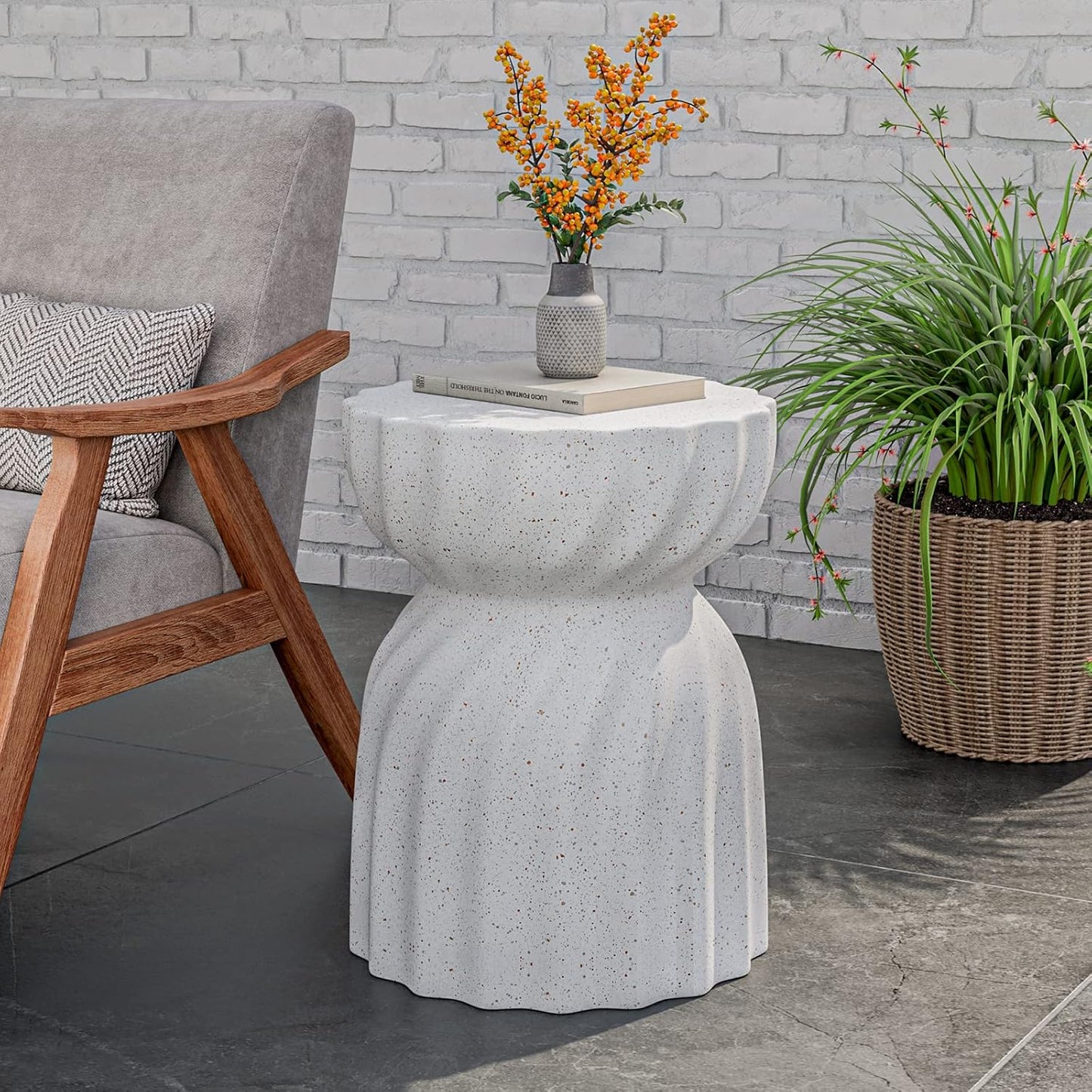 COSIEST Set of 2 Outdoor Side Table, 19" Concrete Contemporary Lightweight Side Table,Patio End Accent Table, Modern Stool Table for Livingroom,Garden,Patio,Spotted White