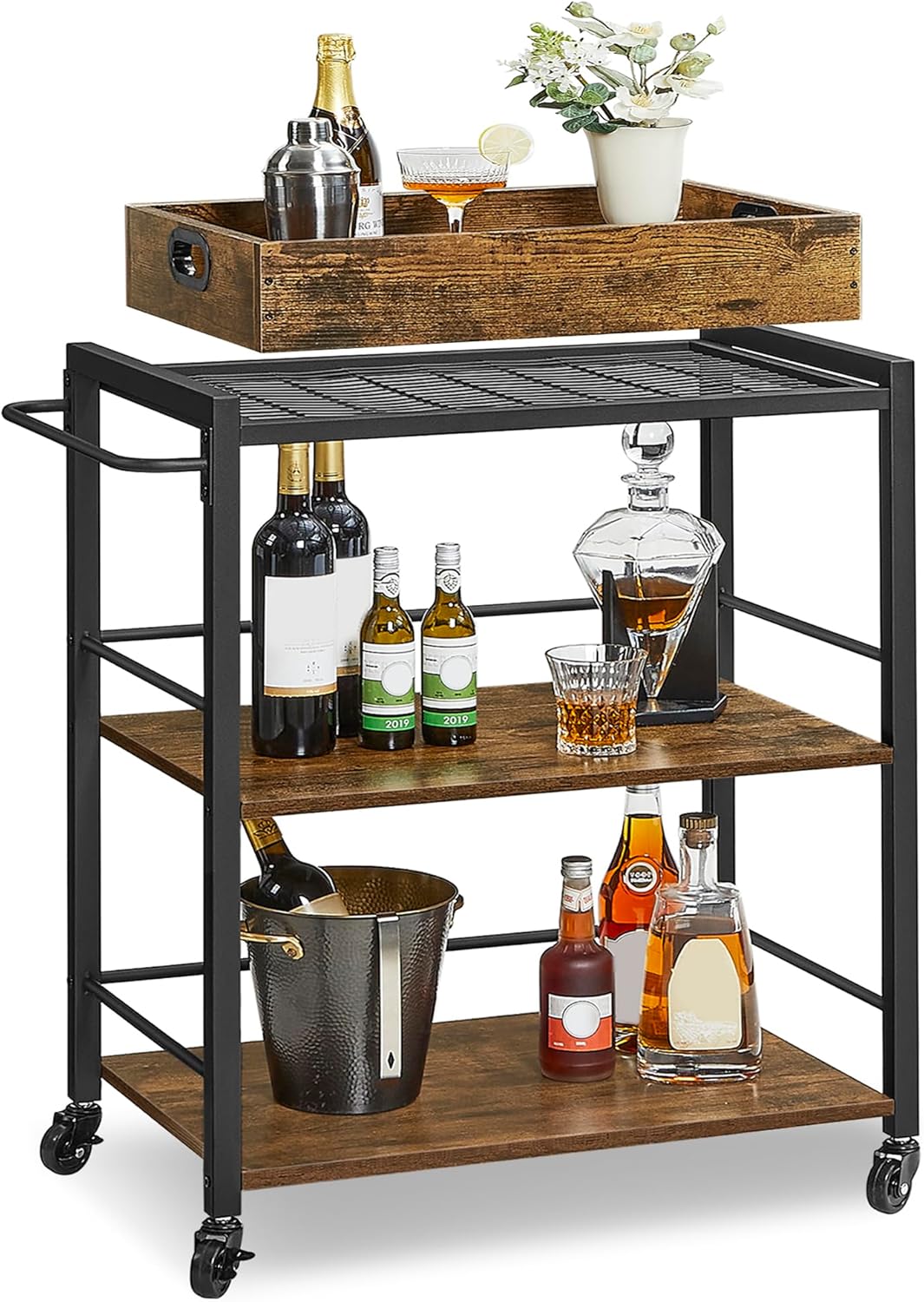 VASAGLE Kitchen Serving Cart with Removable Tray, 3-Tier Kitchen Utility Cart on Wheels with Storage, with Brakes, Leveling Feet, 15.7 x 28.3 x 33.9 Inches, Rustic Brown and Black ULRC72X