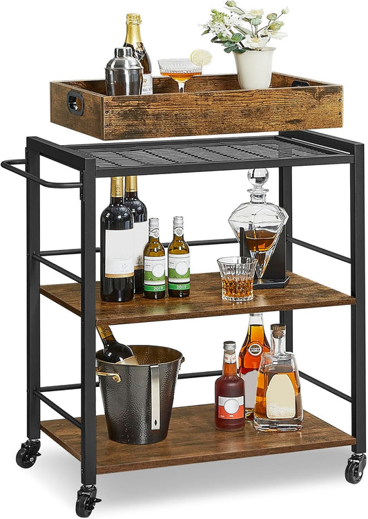 VASAGLE Kitchen Serving Cart with Removable Tray, 3-Tier Kitchen Utility Cart on Wheels with Storage, with Brakes, Leveling Feet, 15.7 x 28.3 x 33.9 Inches, Rustic Brown and Black ULRC72X