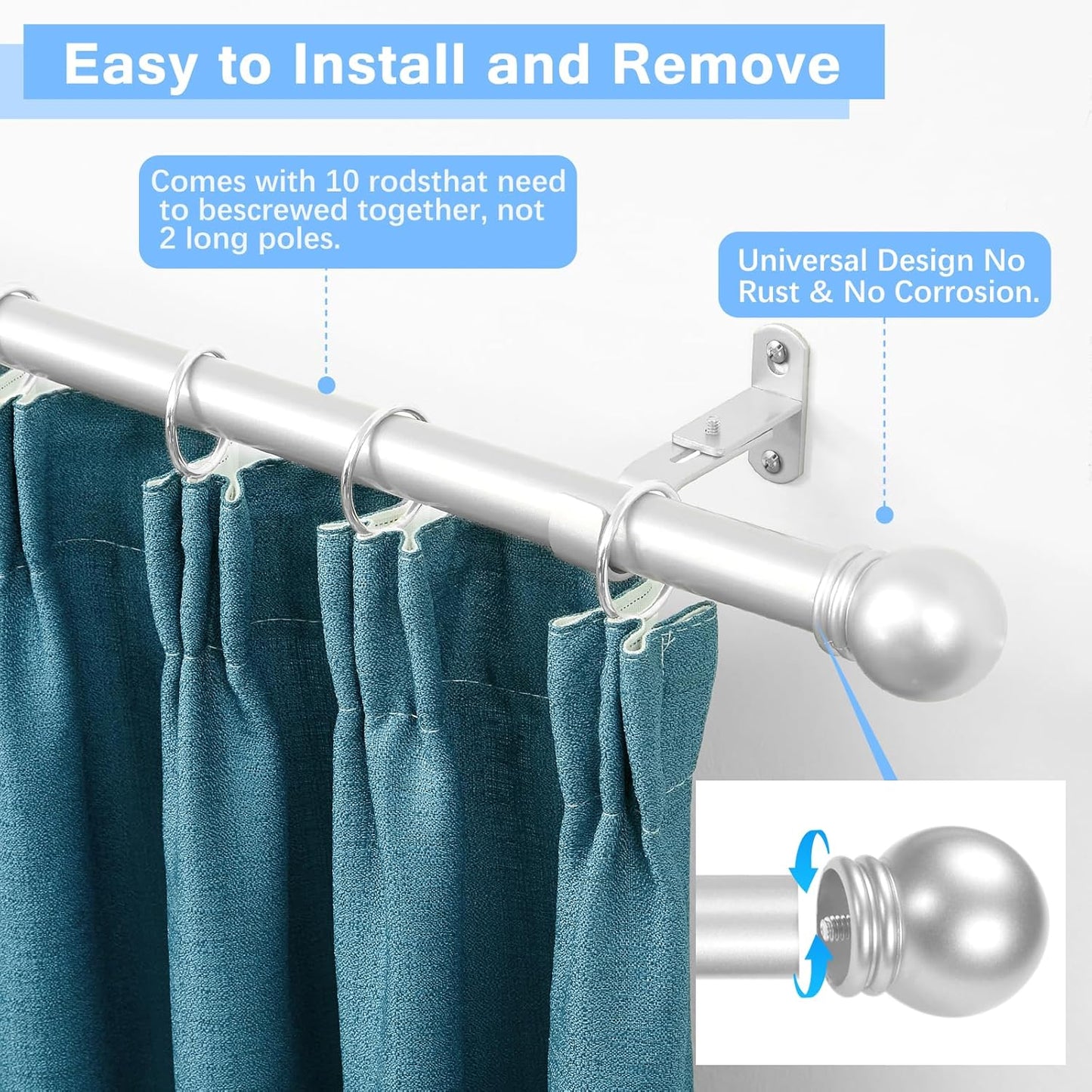 Curtain Rods for Windows 16 to 150 Inches, Curtain Rod Max Adjustable Length of 160 IN, 6/8" Diameter Drapery Rods Round Finials, Satin Silver, Pack of 2