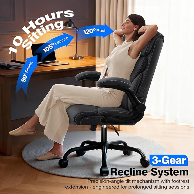 Office Chair - Executive High Back Breathable Comfy Desk Chair with Lumbar Support - Ergonomic Leather Rolling Swivel Computer Chair with Rock Function for Working Studying Gaming Relaxing