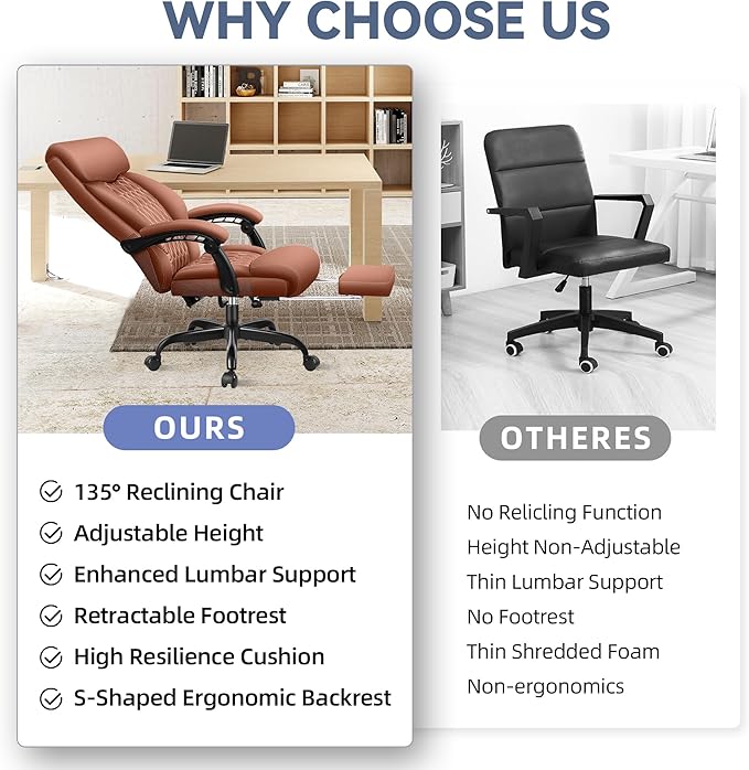 Office Chair, Big and Tall Office Desk Chair, Reclining Office Chair with Footrest Home Office Desk Chairs, High Back Ergonomic with Lumbar Support, Executive Leather