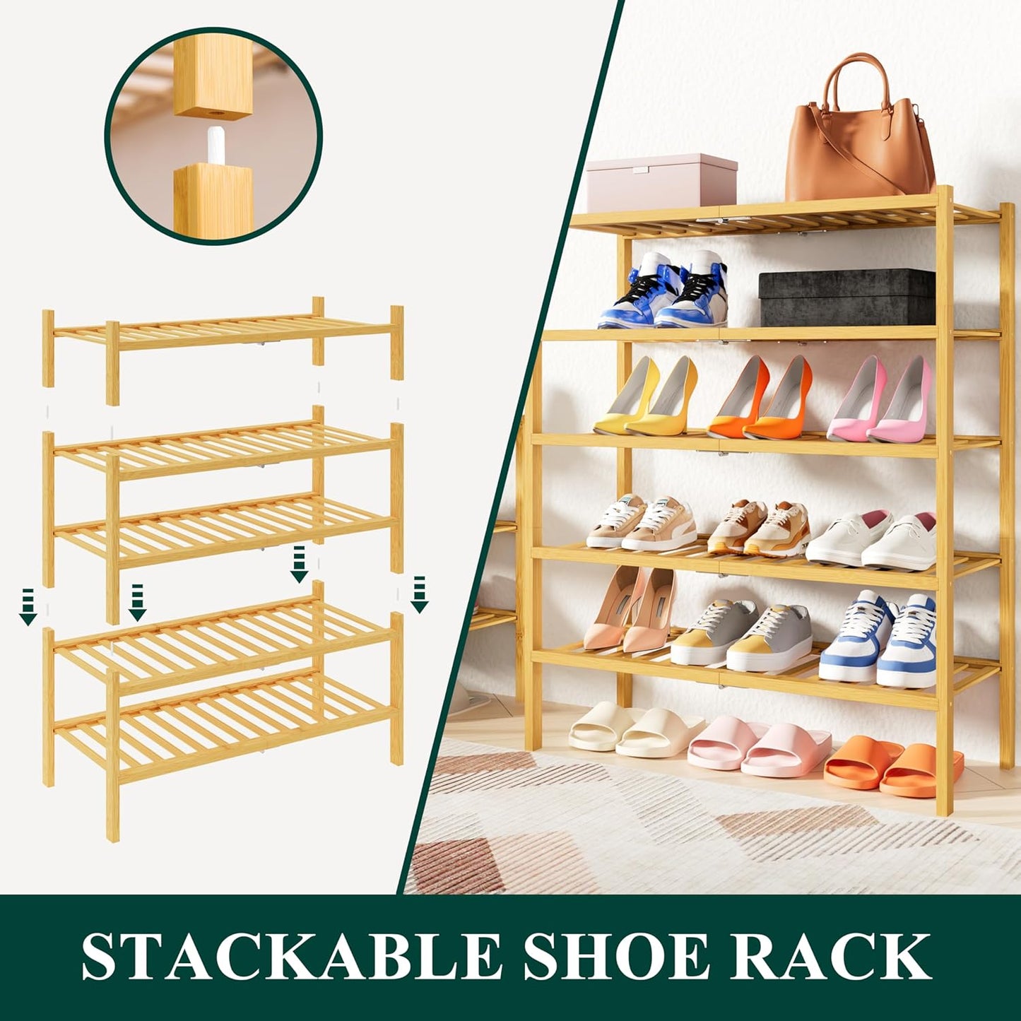 Smiry Shoe Rack, 6 Tier Thick Bamboo Shoe Organizer, Stackable Free Standing Wooden Shoe Storage Shelf for Closet, Entryway, Front Door Entrance, Natural