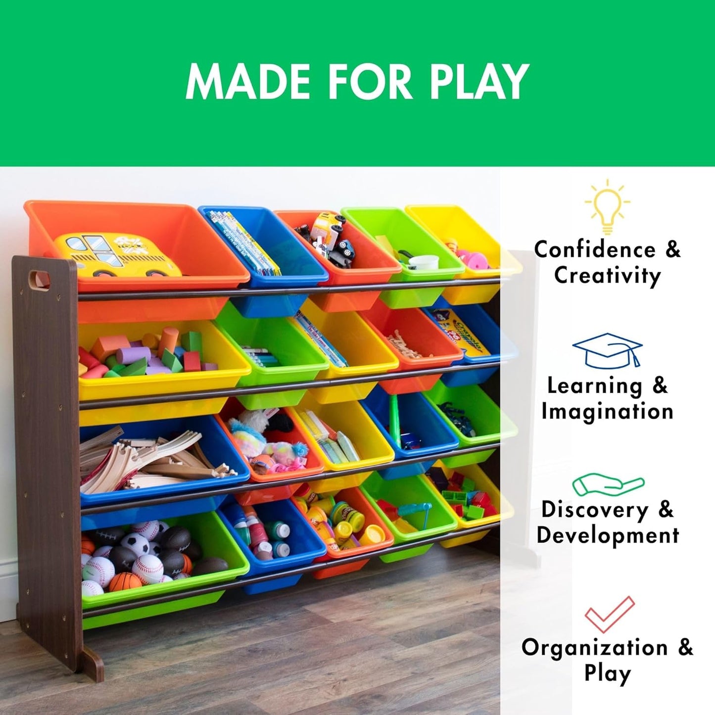 Humble Crew Extra-Large Toy Organizer with 20 Plastic Bins – Dark Walnut/Neon Storage Rack with 4-Tier Shelves, Anti-Tip Safety, for Kids’ Rooms, Playrooms, Nurseries & Classrooms