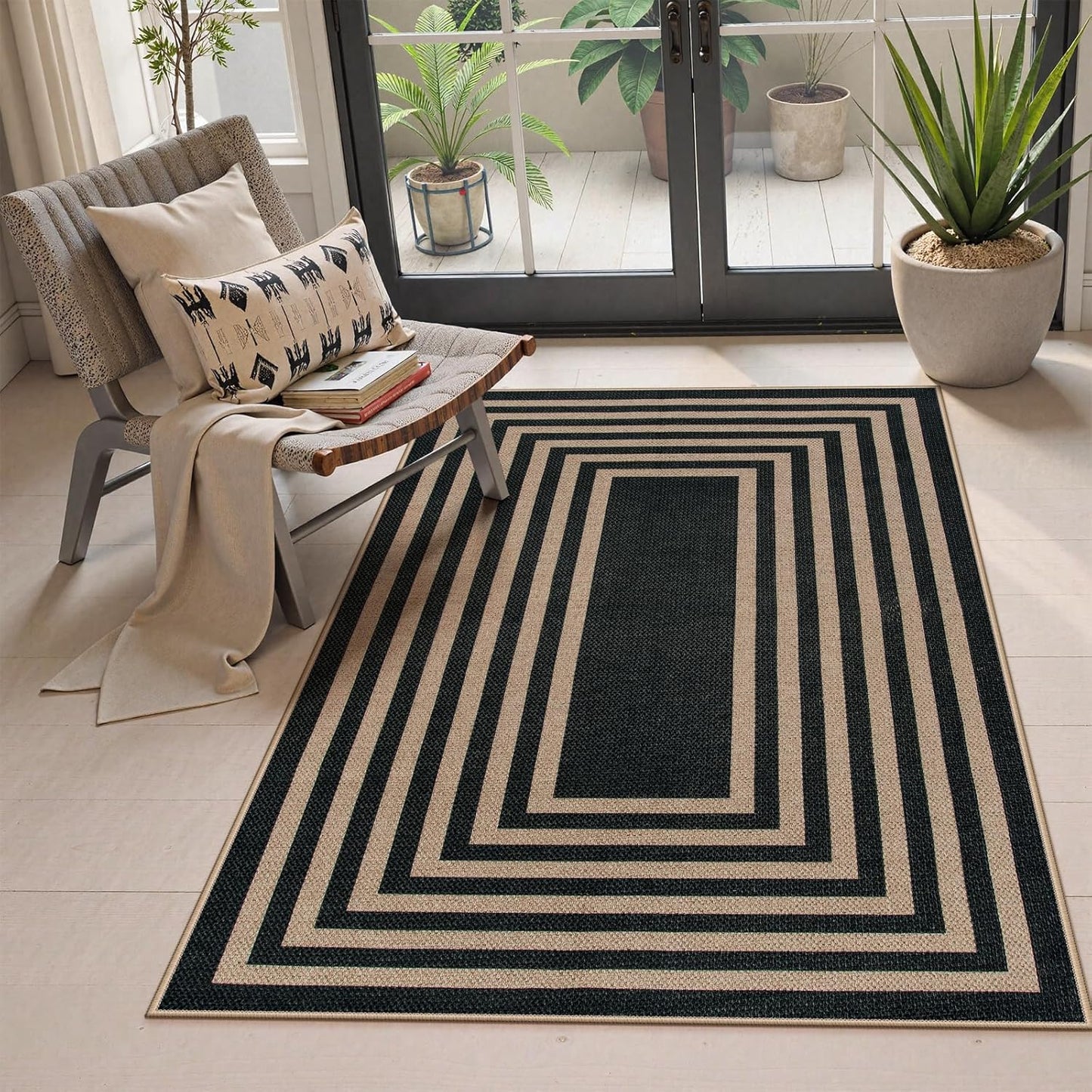 Lahome Modern Geometric Easy Jute Outdoor Rug, 3x5 Black Indoor Outdoor Carpet for Living Room Entryway, Farmhouse Non Slip Non Shedding Washable Area Rug for Patio Courtyard Bedroom