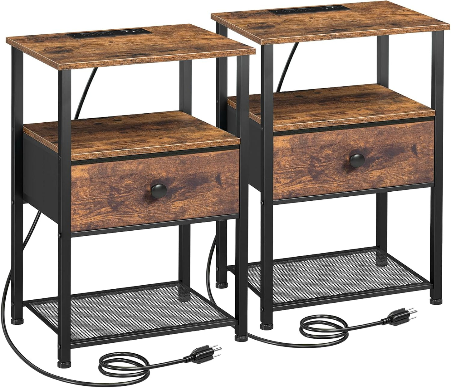 Night Stand Set 2, Nightstand with Charging Station, End Tables Living Room with Fabric Drawer for Small Spaces, Side Tables with Storage Shelf for Bedroom, Rustic Brown HETS010PBR