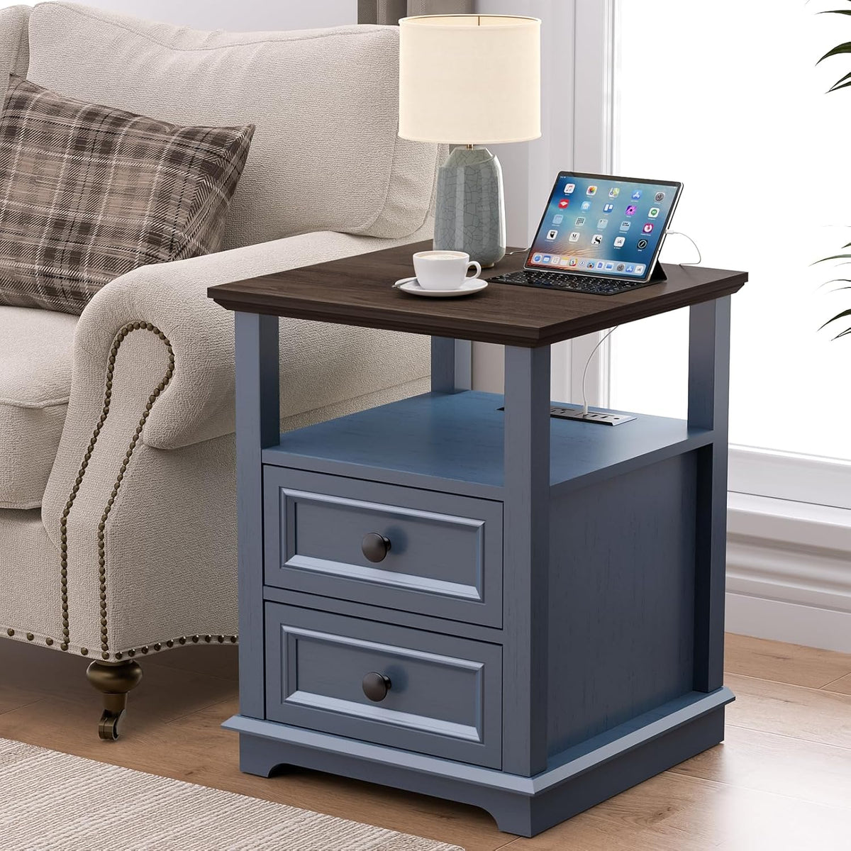 18" Wide End Table with Fast Charging Station Set of 2, 18” Wide Sofa Side Table with Drawers,End Table with Drawers for Living Room,Blue