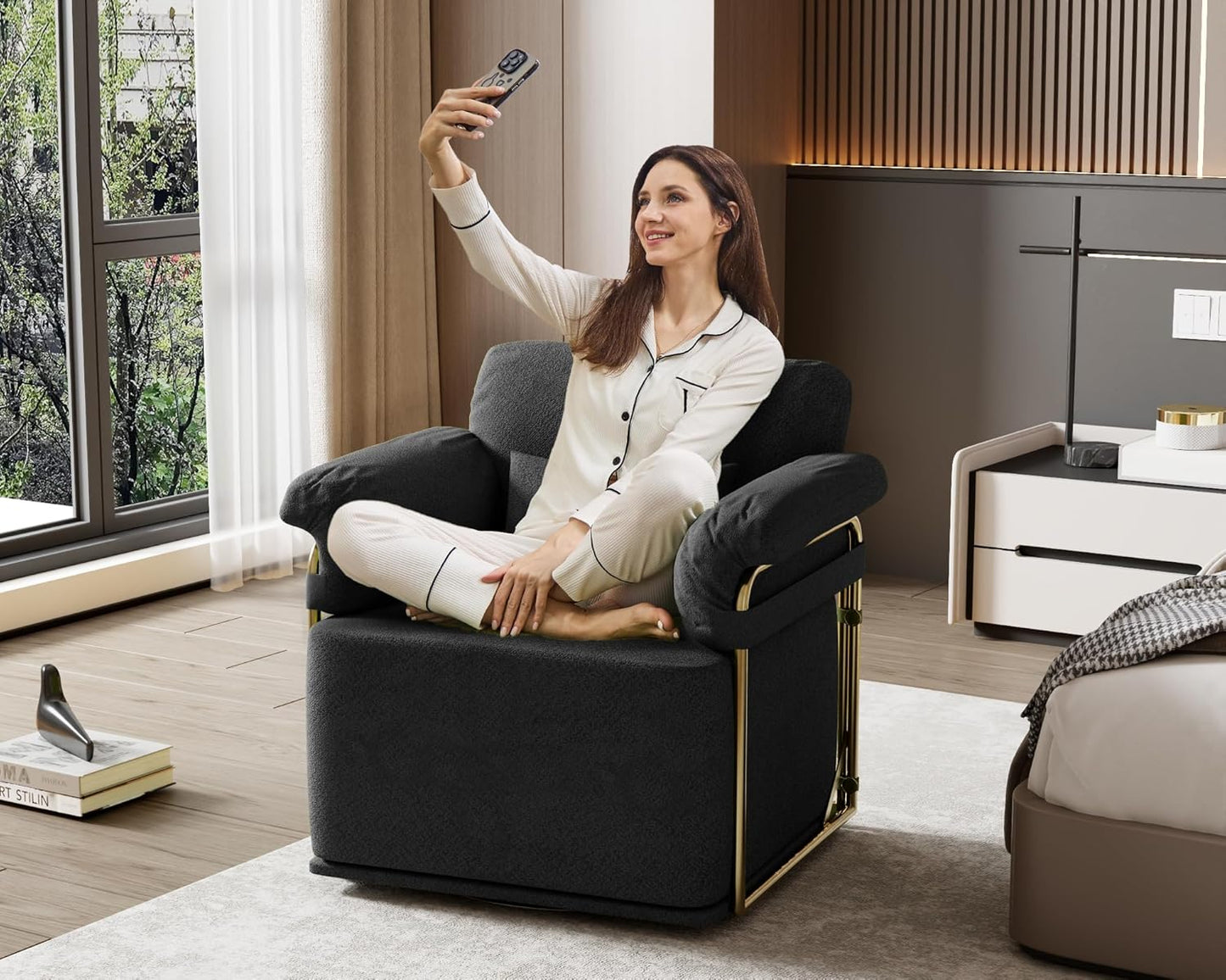 KEIKI Modern Comfy Swivel Accent Reading Chair with Waist Pillows, 360°Square Upholstered Barrel Armchair Single Club Lounge Sofa Chairs for Living Room,Bedroom,Office,Black
