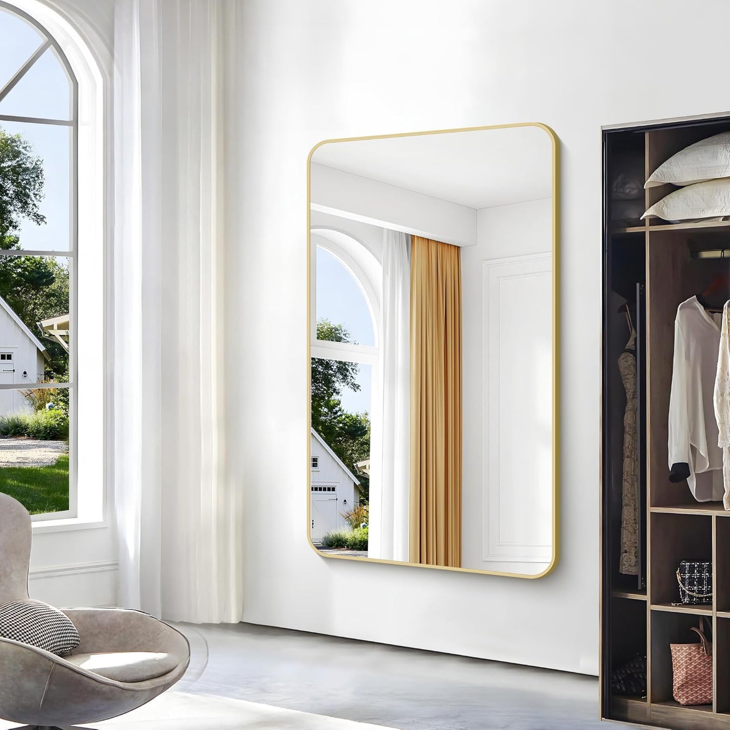 BONEWEI Gold Bathroom Mirror,60x36 inch Wall Mirror for Bathroom Wall Mounted,Round Rectangle Mirror for Bathroom Over Sink,Modern Frame for Home Decor Living Room,Bedroom Entryway,Horizontal/Vertical