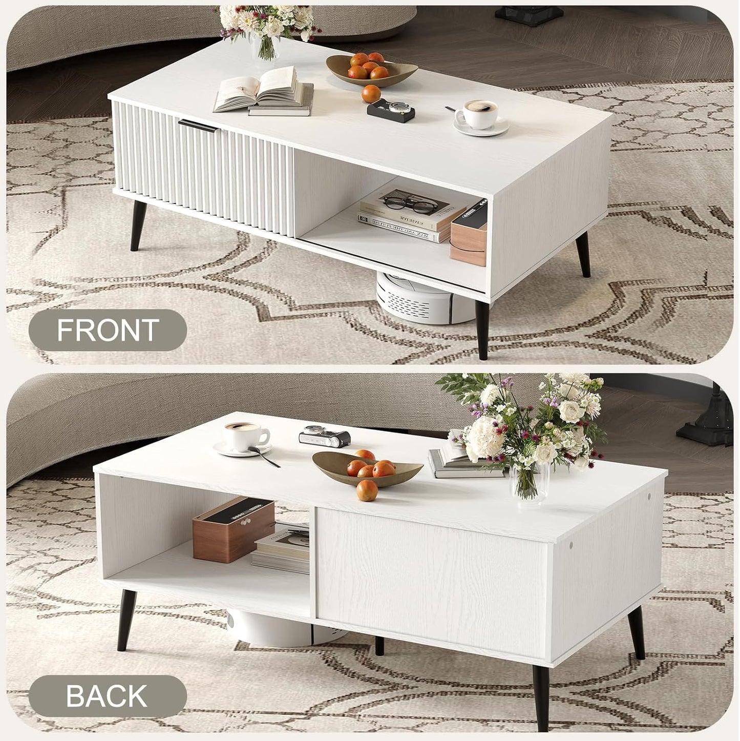 41.34''D Coffee Table, 2-Tiers Farmhouse Coffee Tables With Storage and Sliding Wave Pattern Door, Modren Tea Table, Wooden Dining Center Tables for Living Room, Office, Bedroom, Outdoors, White